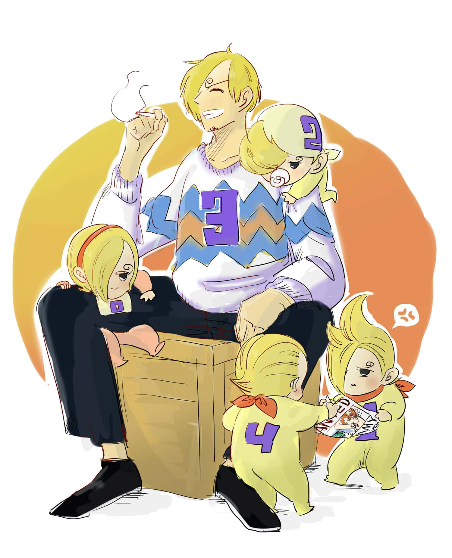 Vinsmoke Family 桌布 壁紙 — 一個開心的金髮動漫男人坐在一個盒子上，被四個穿著編號服裝的相同金髮孩子包圍。