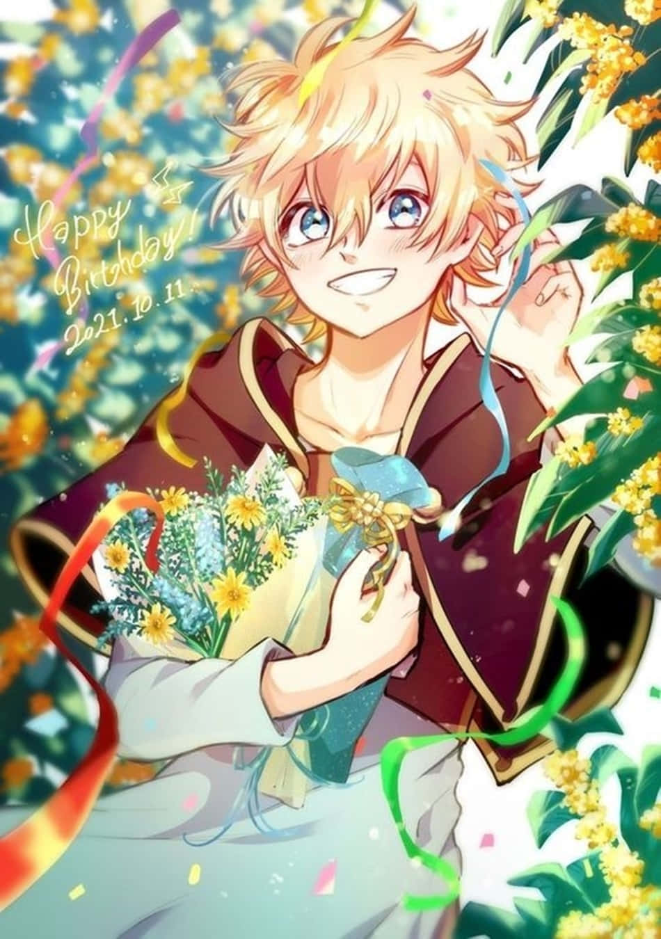 Luck Voltia 桌布 壁紙 — 一個開心的金髮動漫男孩，在飄落的五彩紙屑和盛開的樹葉中拿著一束黃色花朵。