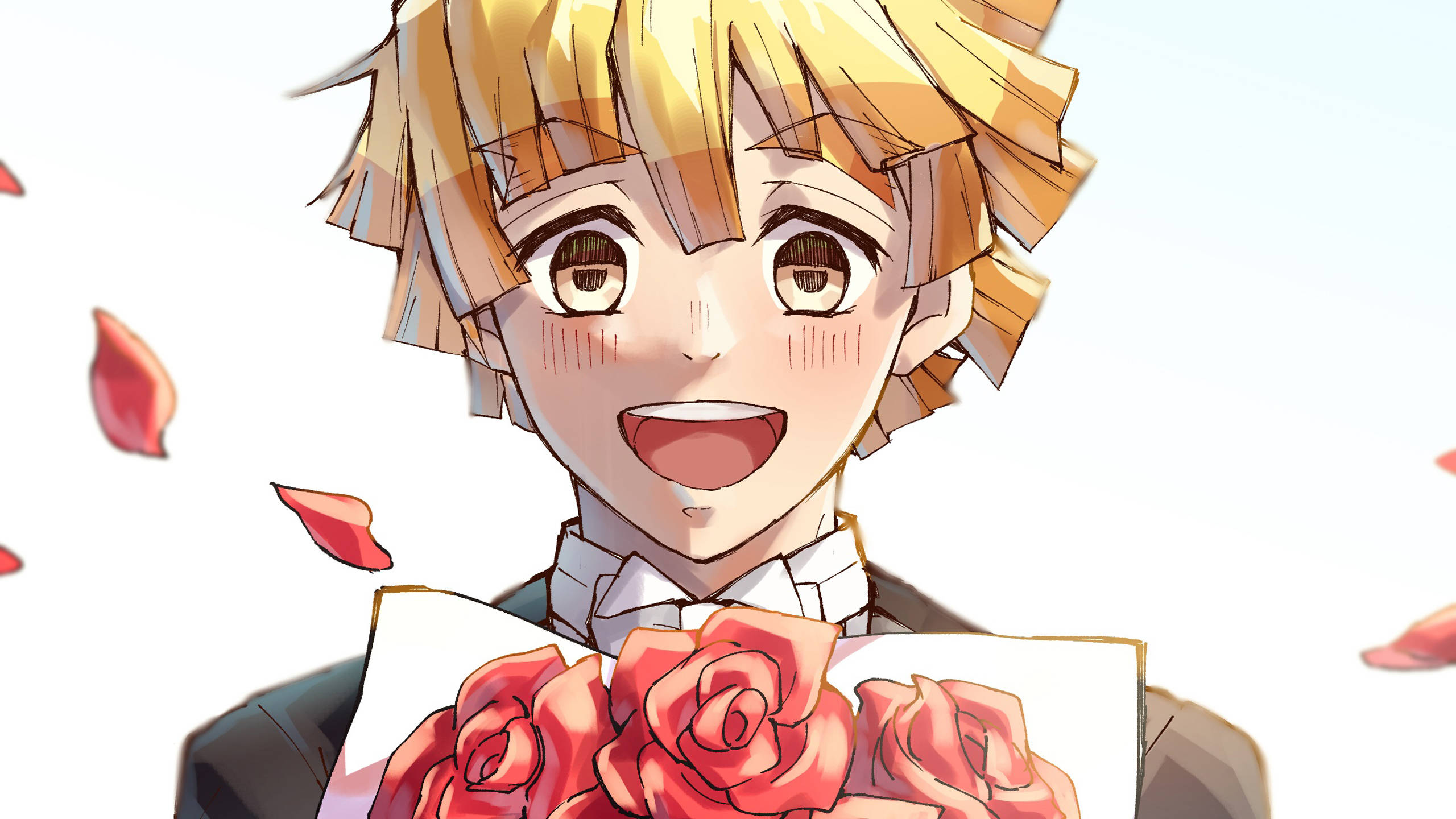 Demon Slayer Zenitsu 桌布 壁紙 — 一個開心的金髮動漫男孩，手持一束紅玫瑰，花瓣在他周圍飄落，他露出燦爛的笑容。