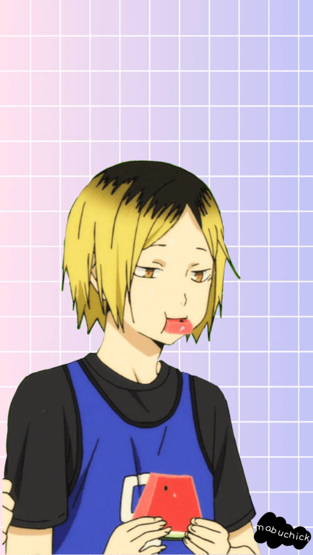 動漫男孩 桌布 壁紙 — 一個開心的金髮動漫男孩在柔和的粉彩網格背景前吃一片紅西瓜。