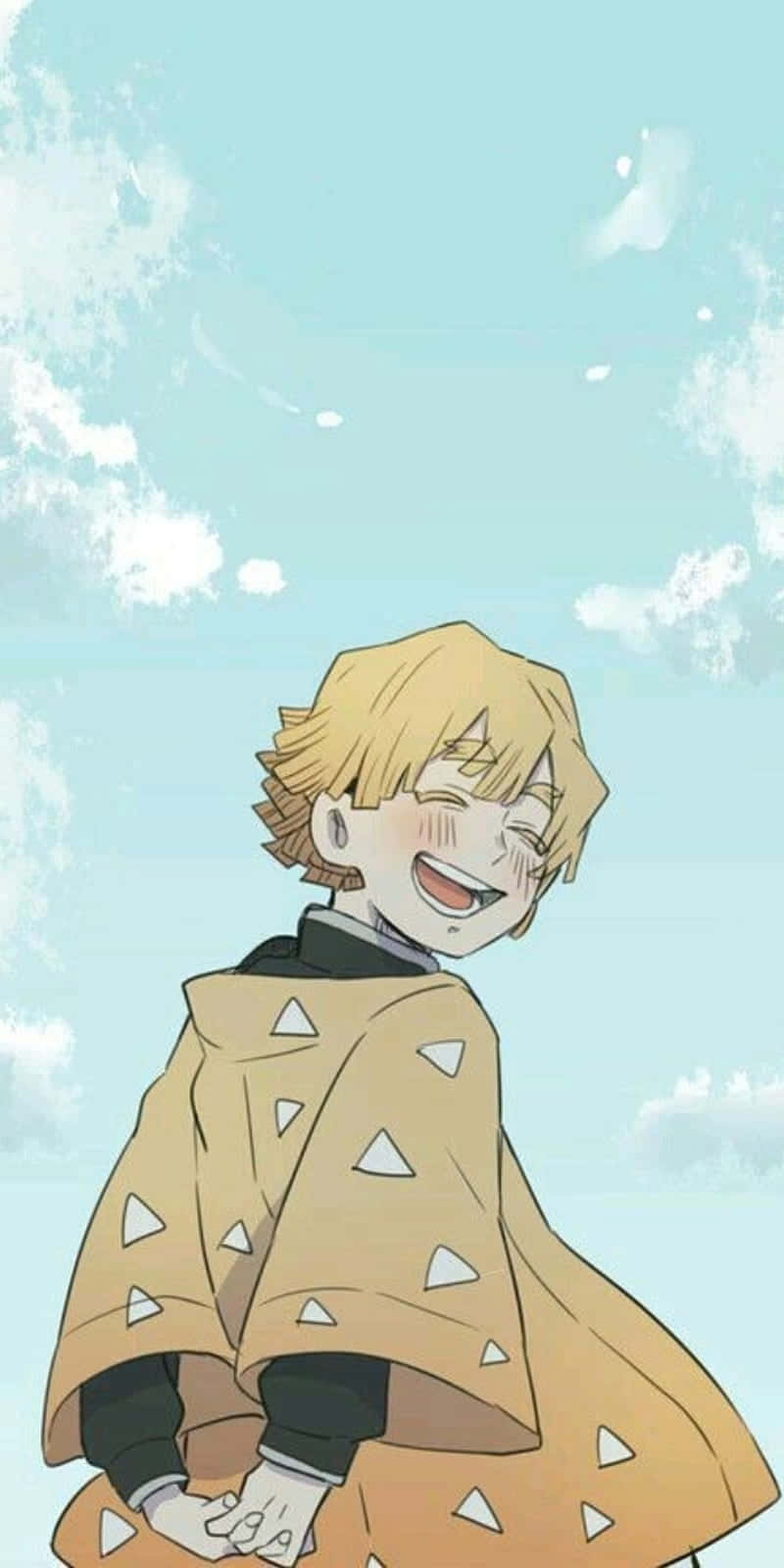 善逸 桌布 壁紙 — 一個開心的金髮動漫男孩在柔和的藍天和 fluffy 白雲下開懷大笑。