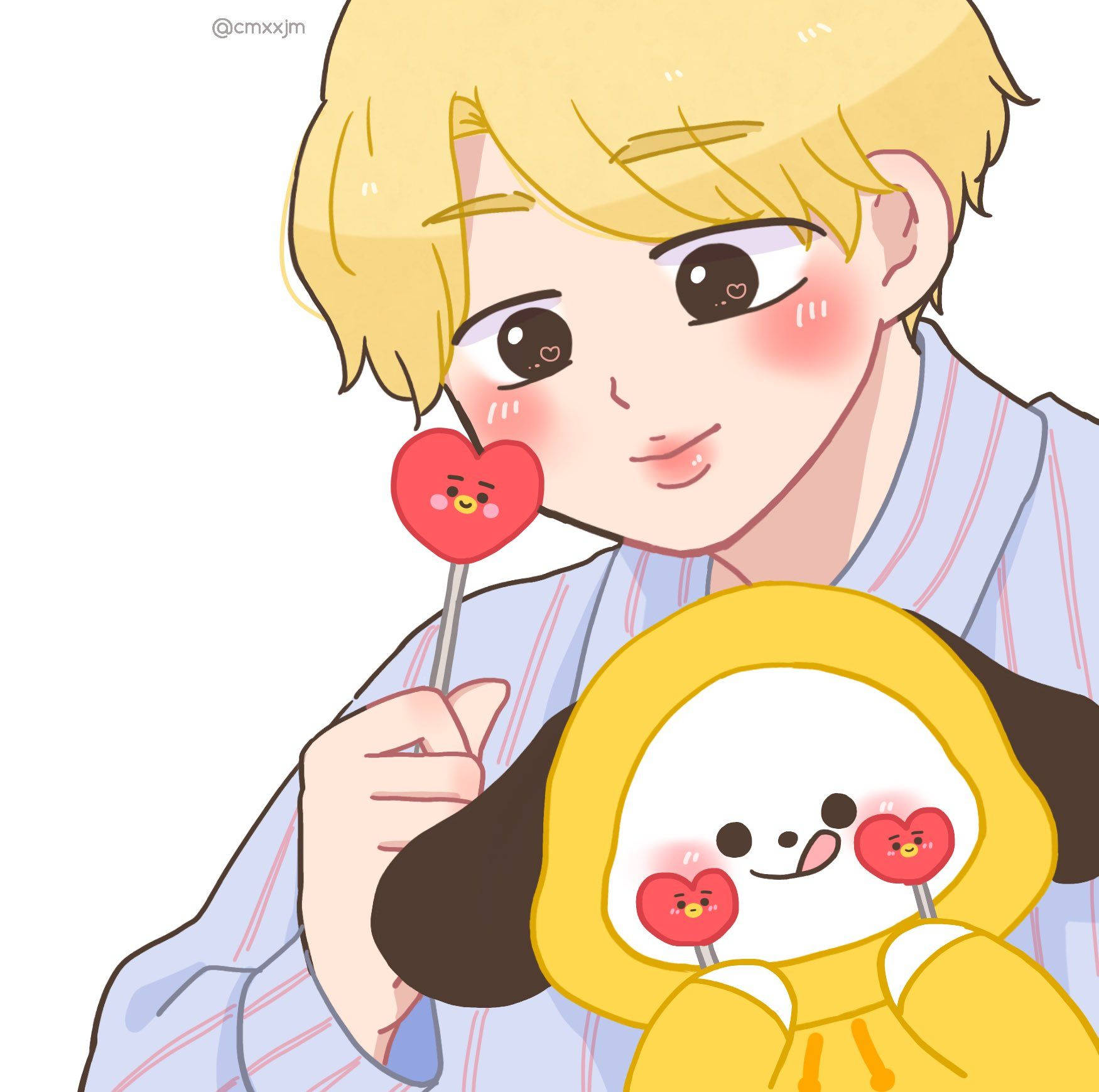 Chimmy 桌布 壁紙 — 一個開心的金髮動漫男孩拿著心形棒棒糖，同時擁抱一隻穿著黃色連帽衫、眼睛是心形棒棒糖的狗。