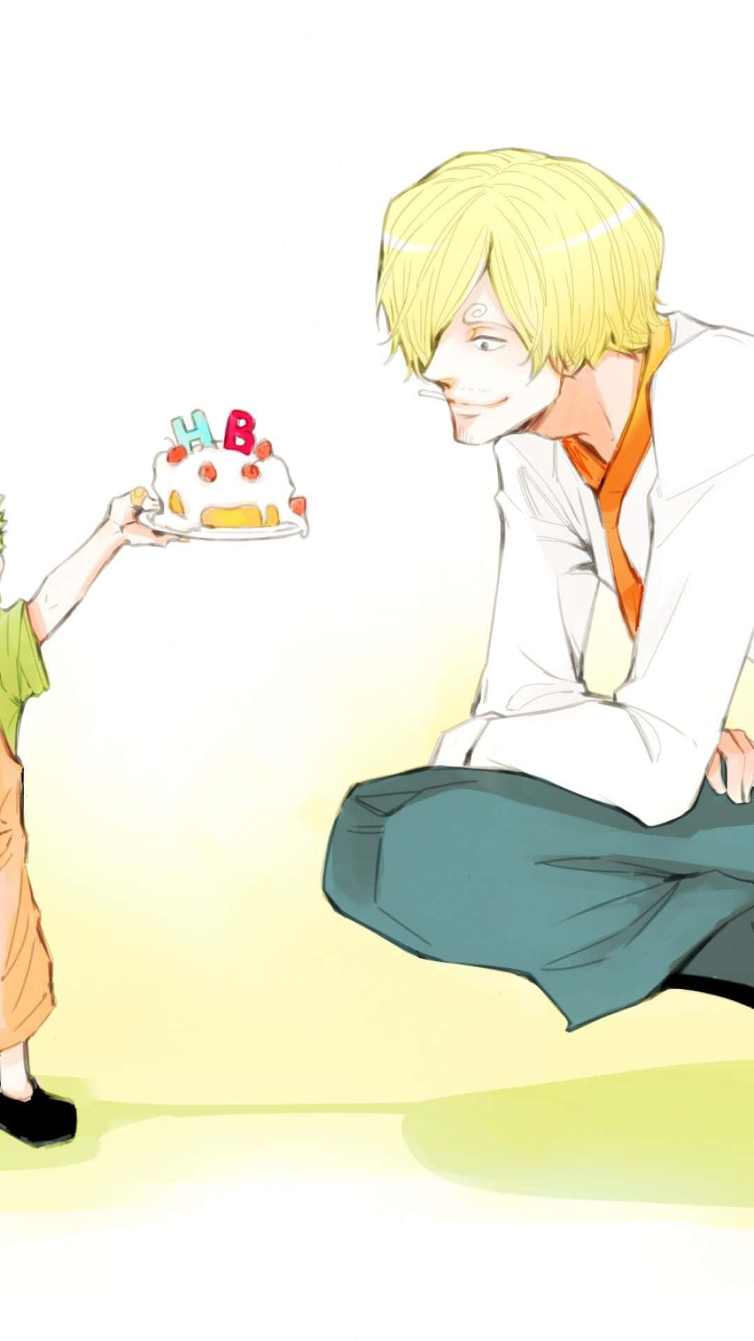 Sanji iPhone 桌布 壁紙 — 一個開心的金髮動漫男孩跪下，一個孩子遞給他一個帶有彩色蠟燭的生日蛋糕。