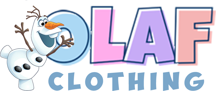 雪寶 桌布 壁紙 — 一個開心的雪人角色 Olaf 在色彩繽紛的風格化文字「Olaf Clothing」旁邊揮手。