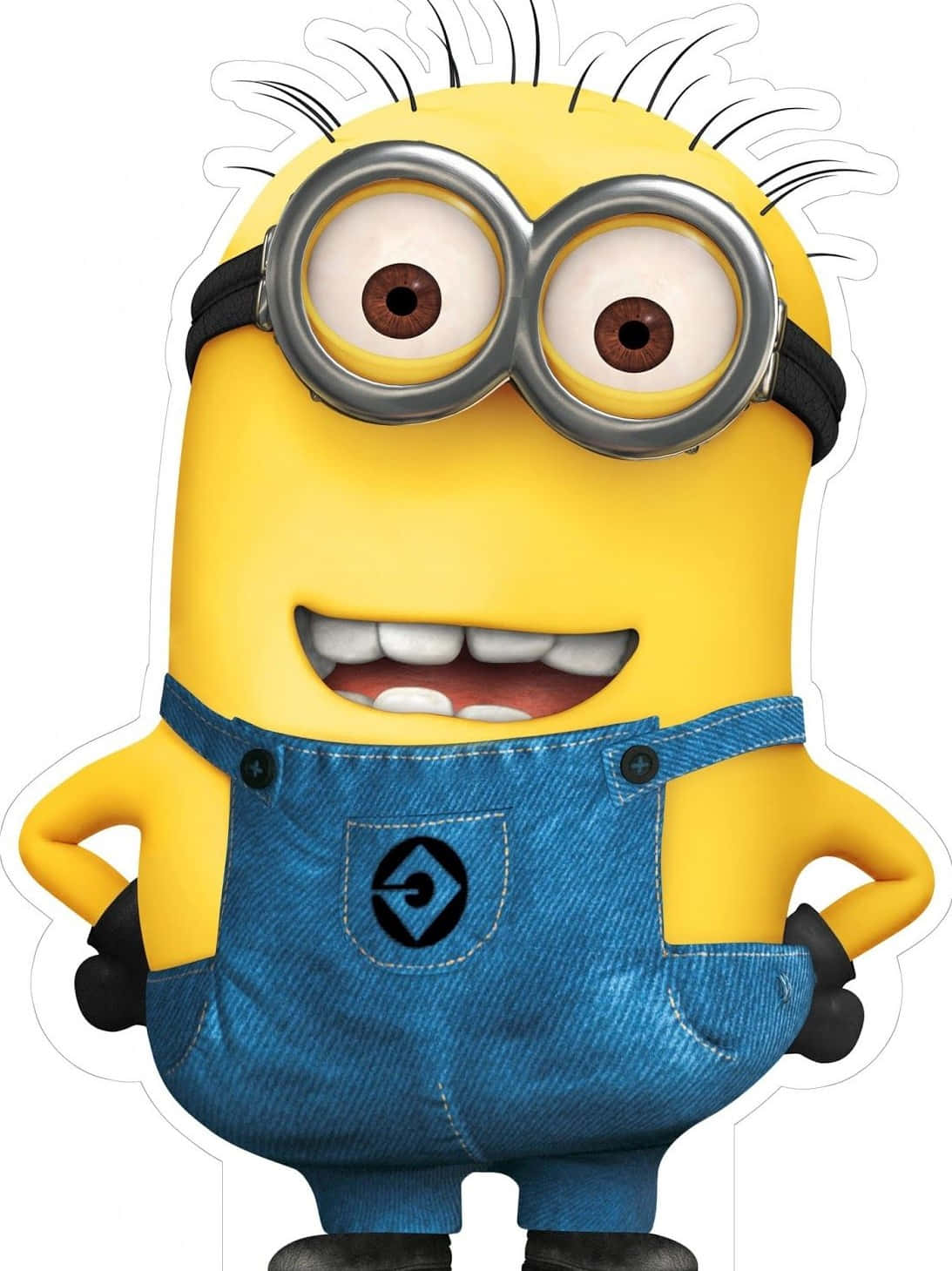 搞笑 桌布 壁紙 — 一個開心的黃色Minion，戴著超大護目鏡和牛仔工人褲，雙手叉腰站在白色背景前。