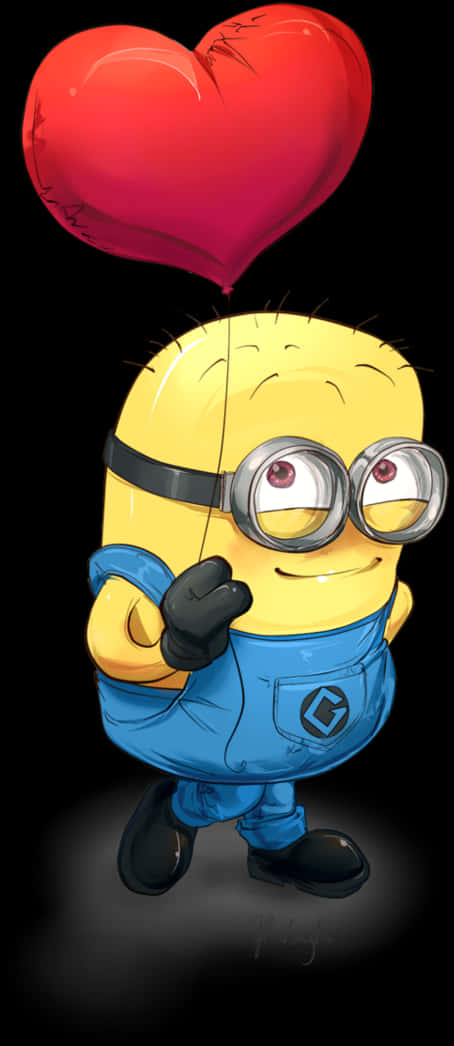 Minion Clipart 桌布 壁紙 — 一個開心的黃色Minion在黑色背景及柔和聚光燈下拿著一個大的紅色心形氣球。