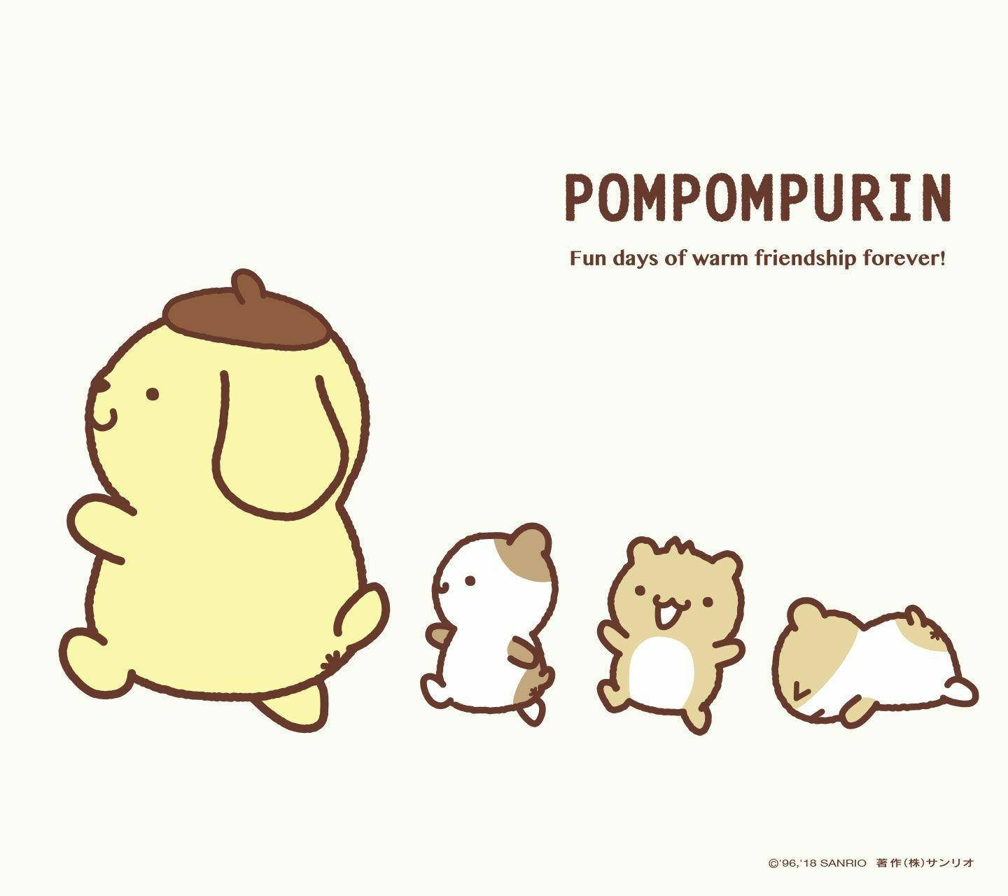 Cute Cartoon Dog 桌布 壁紙 — 一個開心的黃色Pompompurin角色和三個較小的動物朋友站成一排，背景是純色奶油色。