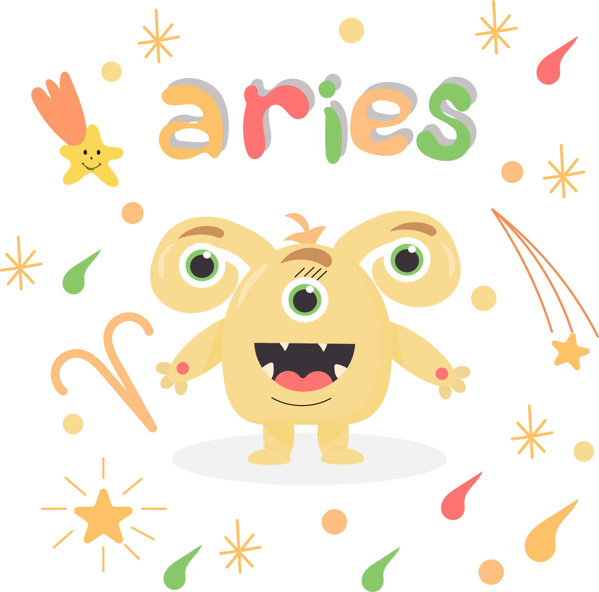 aries 桌布 壁紙 — 一個開心的黃色三眼怪獸，咧嘴大笑，站在色彩繽紛的「白羊座」字下面，周圍有星星和彗星尾巴。