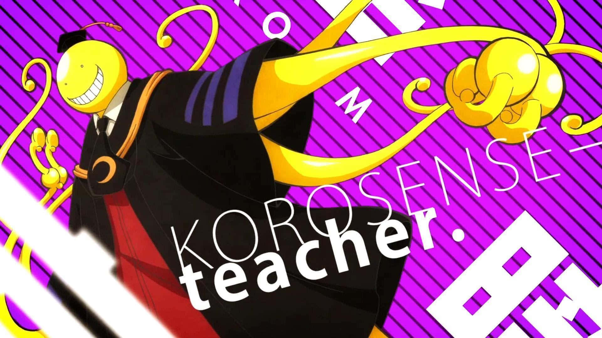 Assassination Classroom 桌布 壁紙 — 一個開心的黃色動漫角色，有多條肢體並戴著畢業帽，在充滿活力的紫色條紋背景上動態擺姿勢。