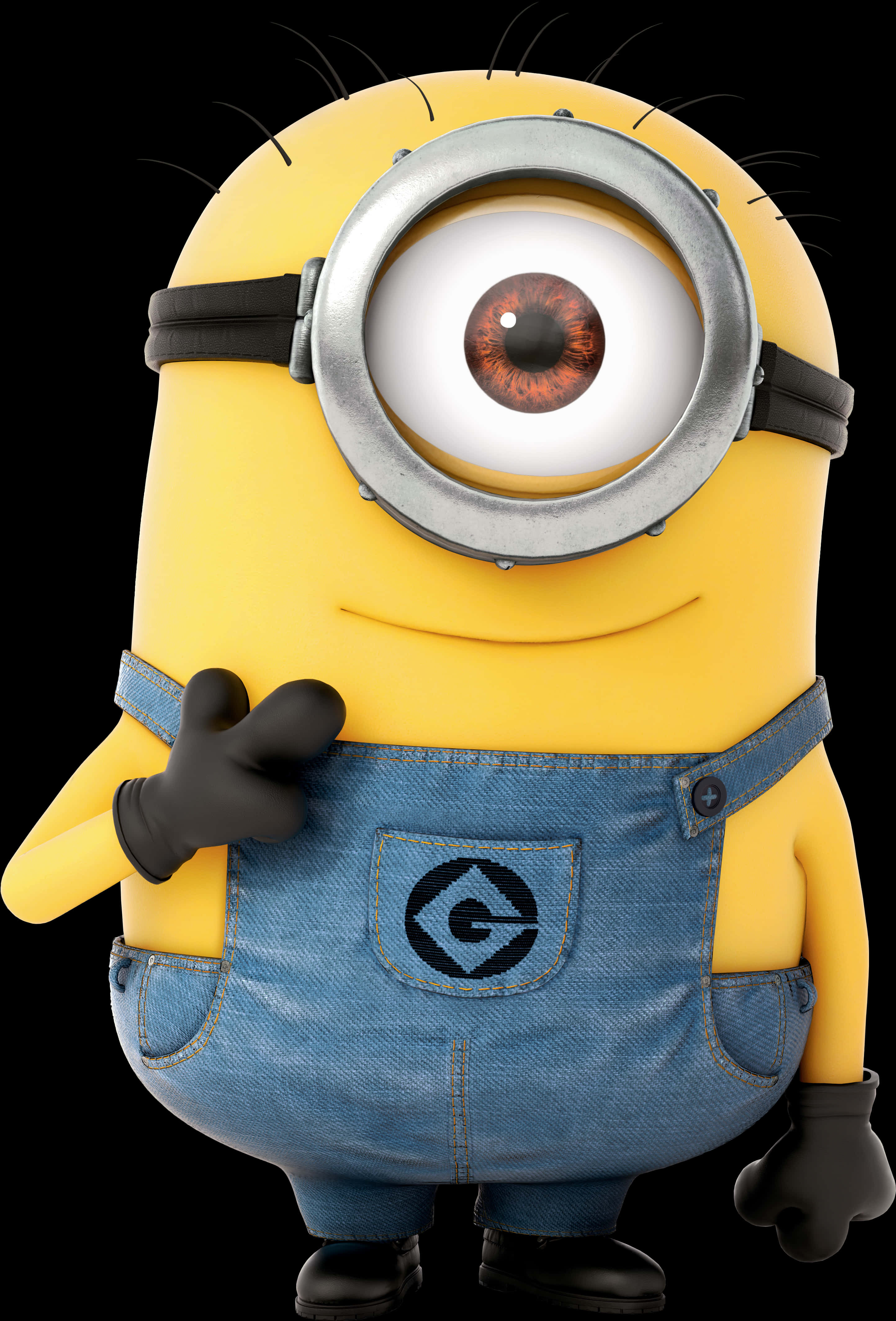 Minion Clipart 桌布 壁紙 — 一個開心的黃色小小兵，有一隻巨大的眼睛，穿著牛仔布吊帶褲，在黑色背景前豎起大拇指。