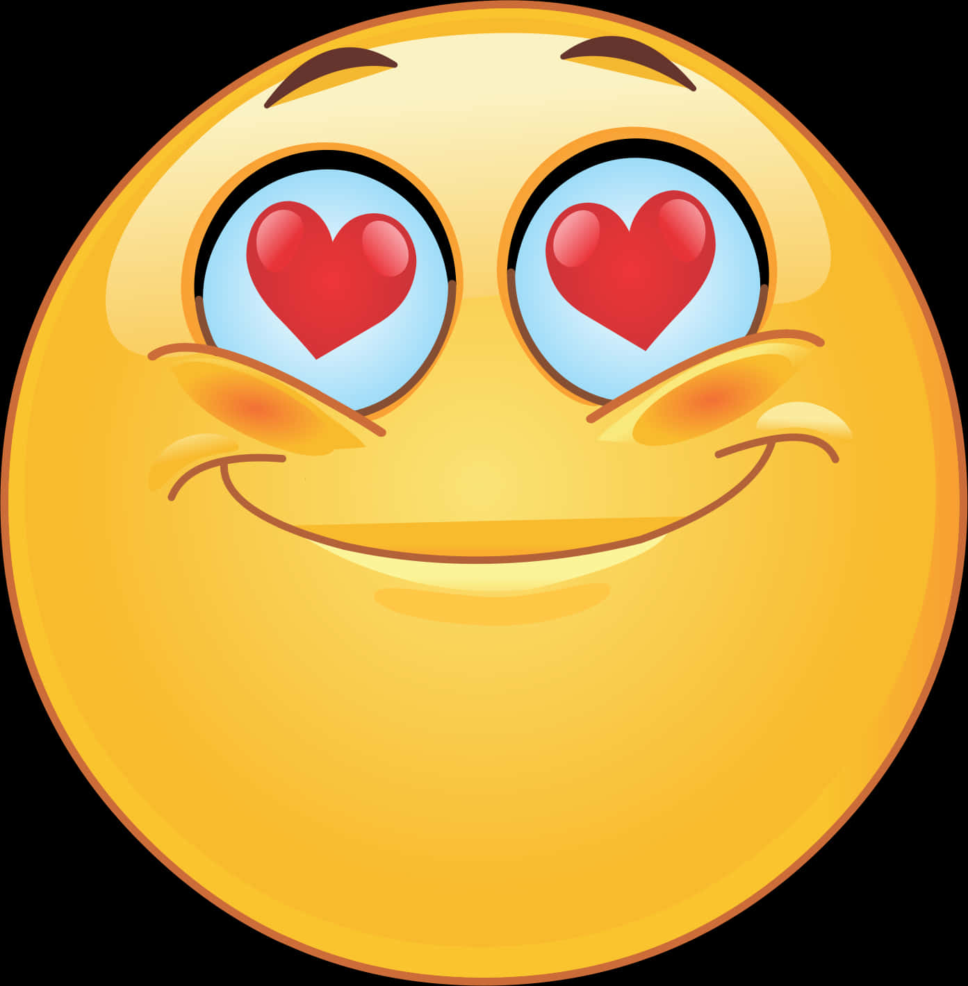 Love Emoji 桌布 壁紙 — 一個開心的黃色表情符號，有心形眼睛和燦爛笑容，背景是黑色。