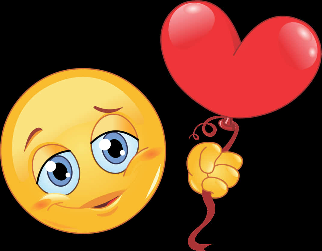 Love Emoji 桌布 壁紙 — 一個開心的黃色表情符號，藍色眼睛，在黑色背景前拿著一個閃亮的紅色心形氣球。