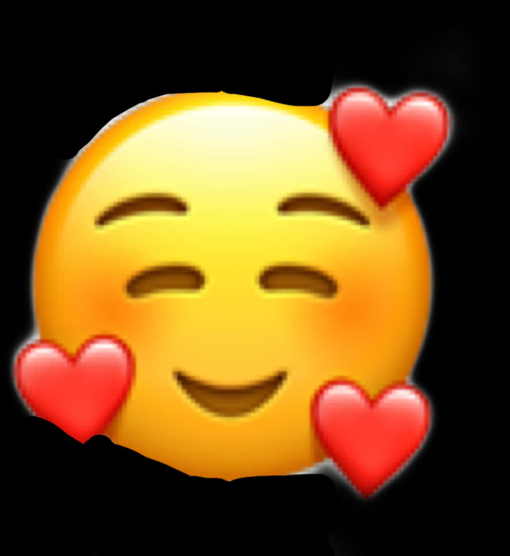 Love Emoji 桌布 壁紙 — 一個開心的黃色表情符號，閉著眼睛微笑，被三個發光的紅色愛心包圍，背景是黑色。