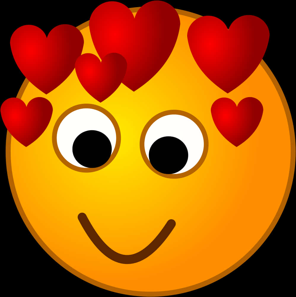 Love Emoji 桌布 壁紙 — 一個開心的黃色表情符號，露出燦爛的笑容，頭部周圍漂浮著多個紅色心形。