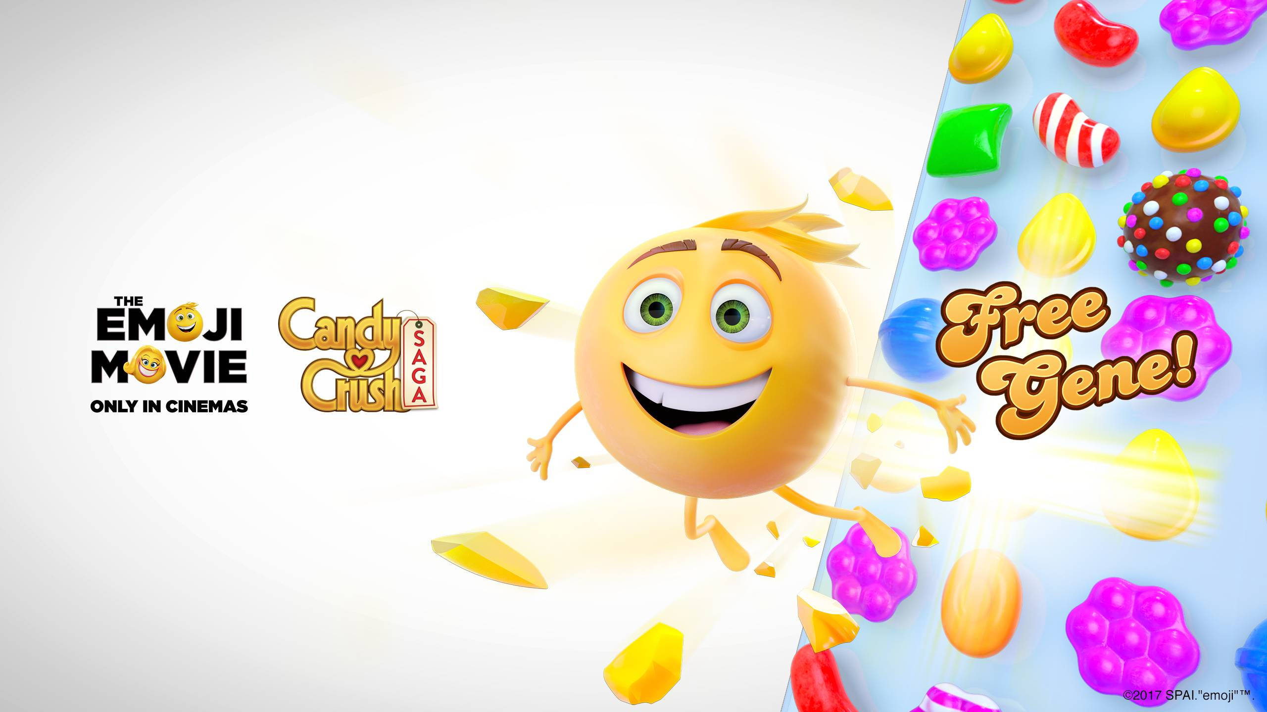 糖果 桌布 壁紙 — 一個開心的黃色表情符號在充滿活力的Candy Crush Saga遊戲板旁邊爆出糖果碎片。
