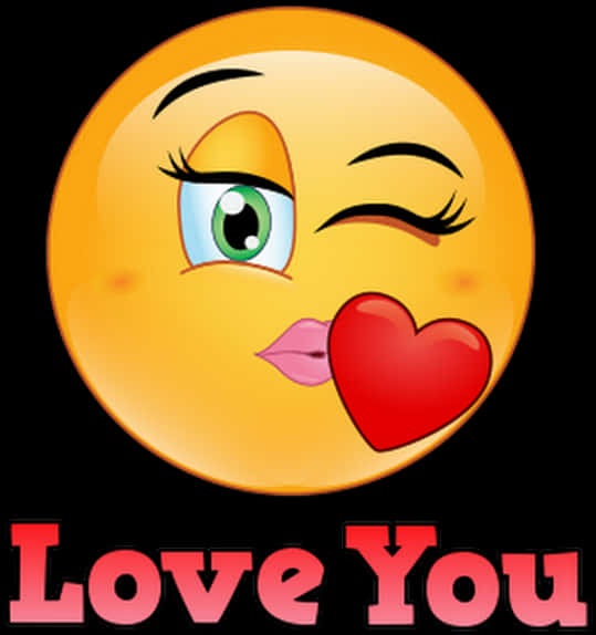 Love Emoji 桌布 壁紙 — 一個開心的黃色表情符號眨眼並向黑色背景吹出一個紅色心心飛吻，上面有粉紅色的「Love You」文字。