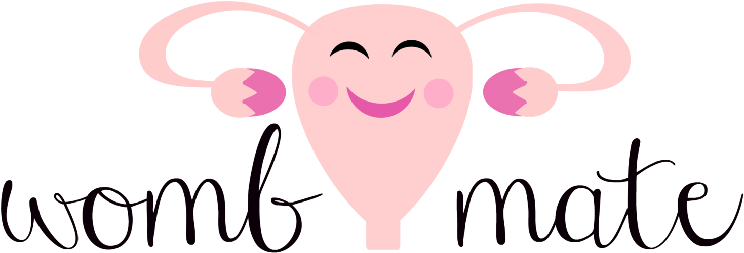 Womb 桌布 壁紙 — 一個開心粉紅色卡通子宮，有笑臉和手臂握住卵巢，背景為青綠色，帶有「womb mate」文字。