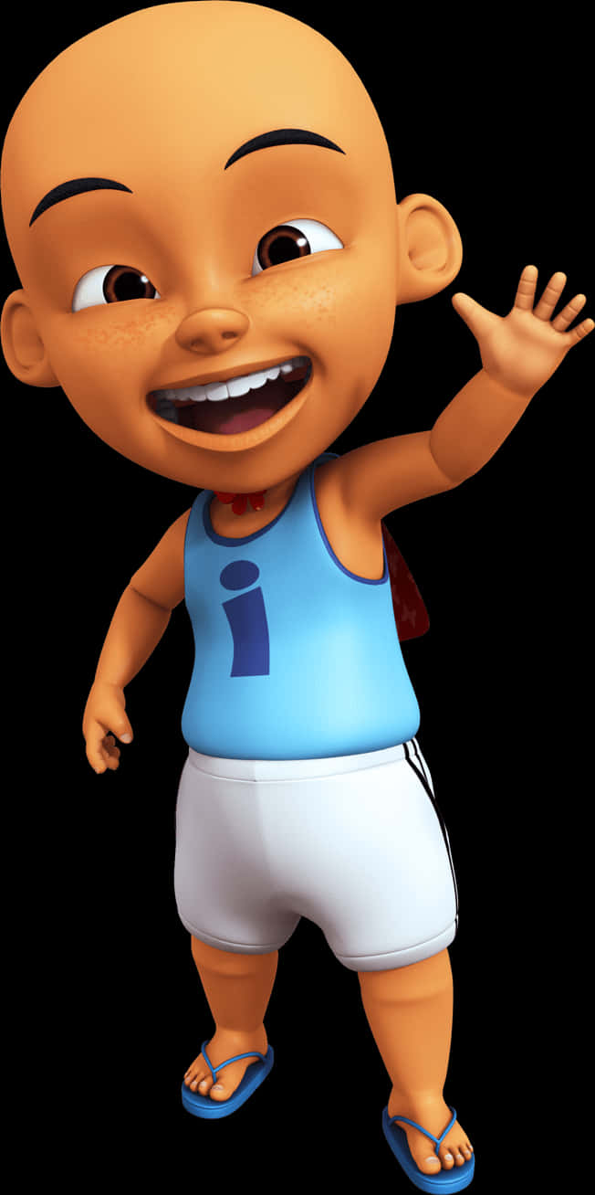 Upin Ipin 桌布 壁紙 — 一個開朗的光頭卡通男孩，穿著藍色背心和白色短褲，在黑色背景前開心地揮手。