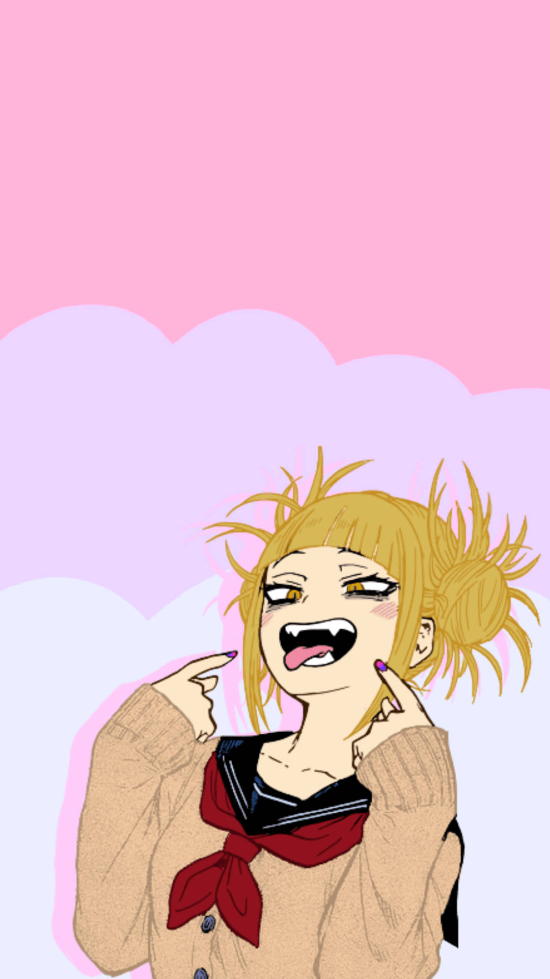 Toga 桌布 壁紙 — 一個開朗的動漫女孩，一頭凌亂的金髮，穿著水手服，在粉紫色粉彩天空下指著自己的臉。