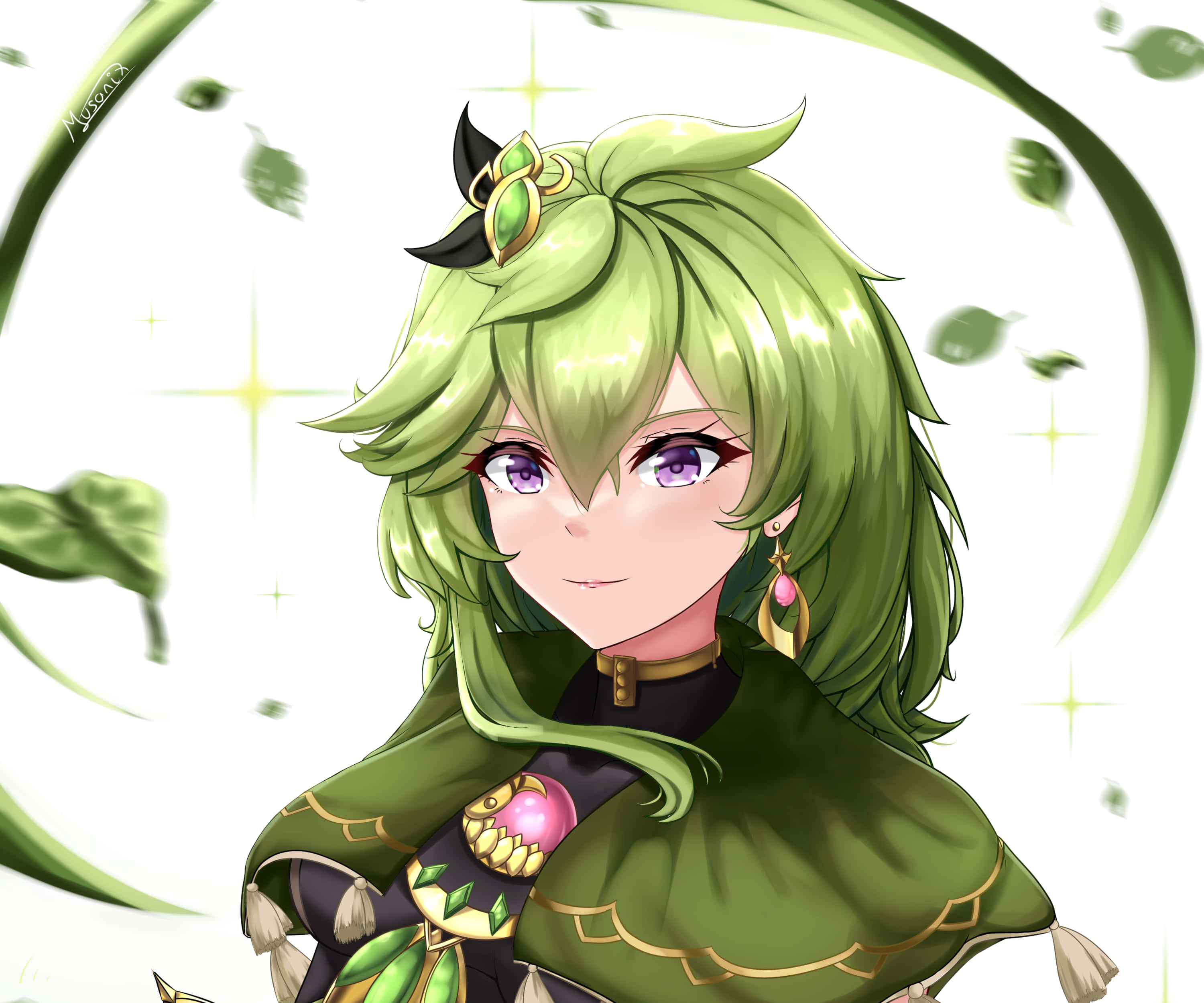 Genshin 桌布 壁紙 — 一個開朗的動漫女孩，擁有充滿活力的綠色頭髮和紫色眼睛，在旋轉的樹葉和閃爍的星星中微笑。