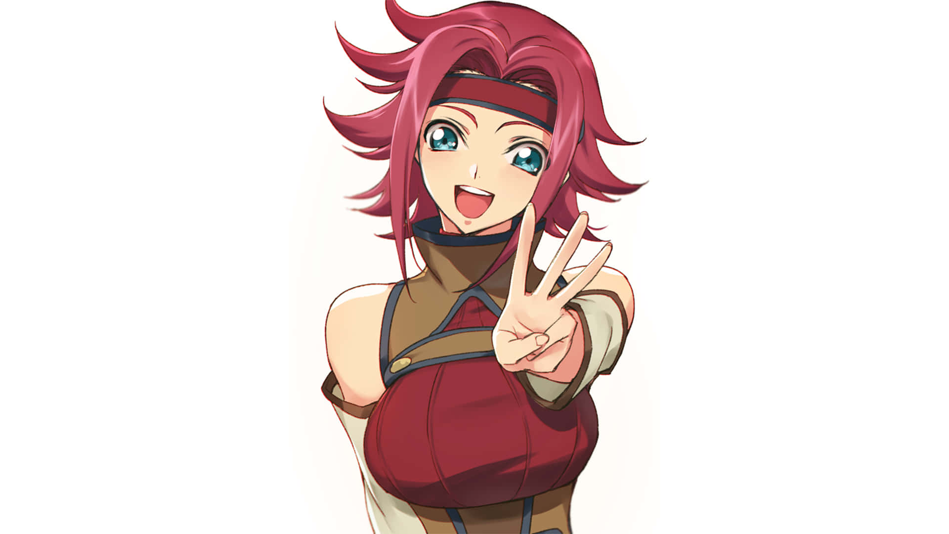 Kallen Stadtfeld 桌布 壁紙 — 一個開朗的動漫女孩，擁有尖刺的粉紅色頭髮和藍色眼睛，穿著紅色服裝，在純白色背景前比出和平手勢。