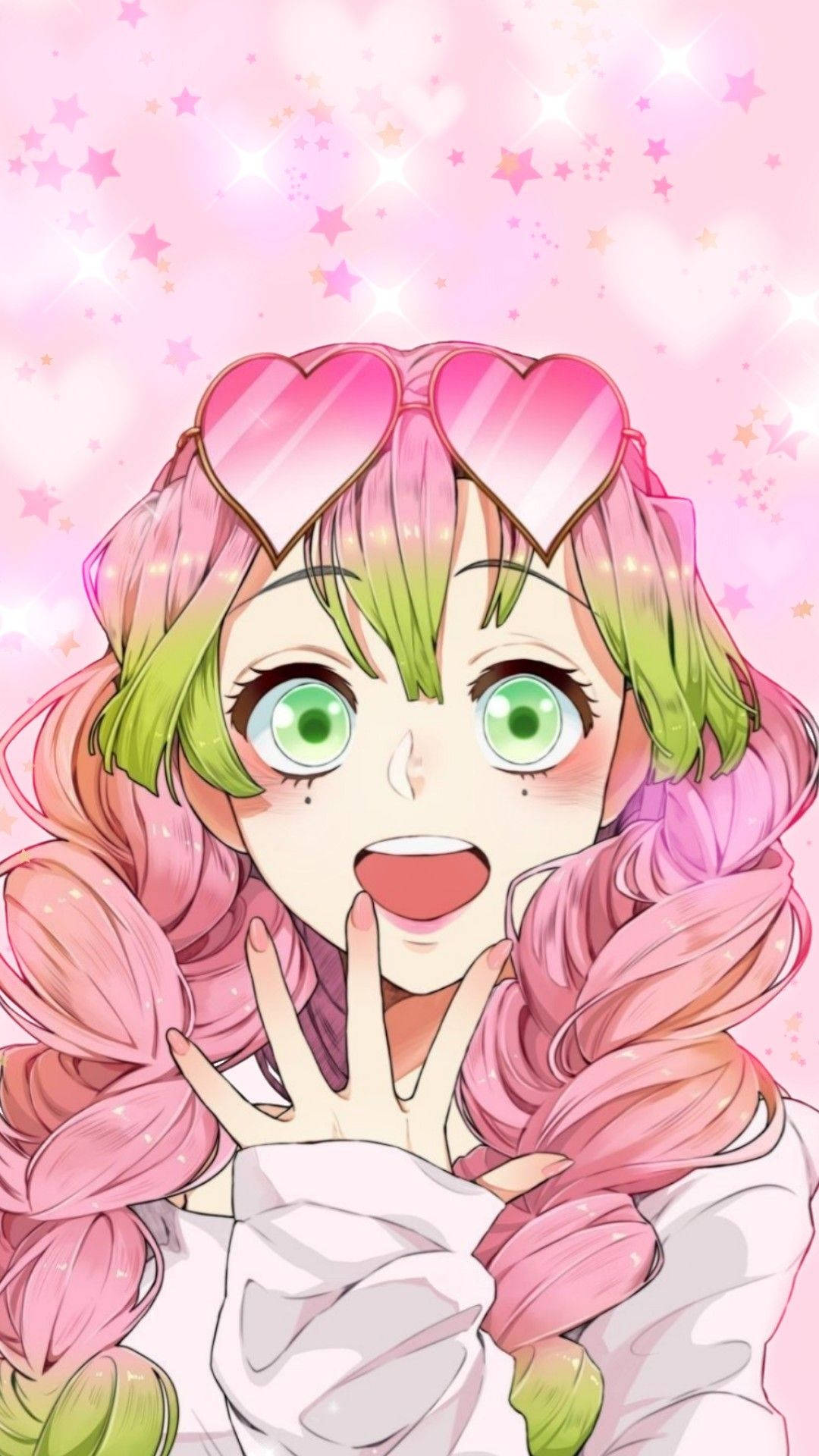 Mitsuri 桌布 壁紙 — 一個開朗的動漫女孩，擁有粉紅色和綠色的頭髮，戴著心形太陽眼鏡，在閃爍的粉紅色星空背景下燦爛地微笑。