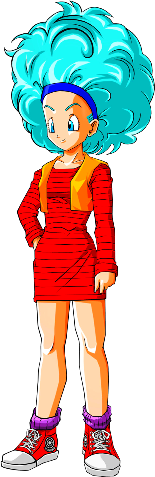 Dragon Ball Z Characters 桌布 壁紙 — 一個開朗的動漫女孩，擁有豐盈的藍色頭髮和紅色條紋連衣裙，自信地站在黑色背景前。