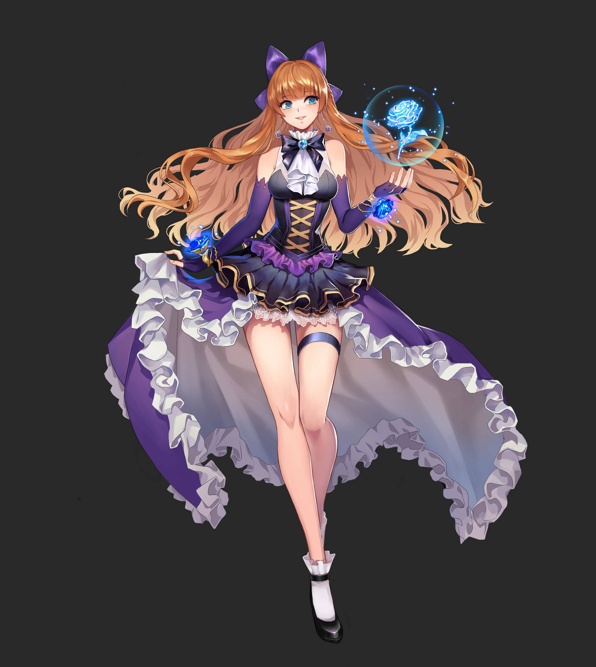 Guinevere 桌布 壁紙 — 一個開朗的動漫女孩，擁有長長的橙色頭髮和紫色貓耳，穿著荷葉邊紫色和白色服裝，揮舞著發光的藍色魔法球。
