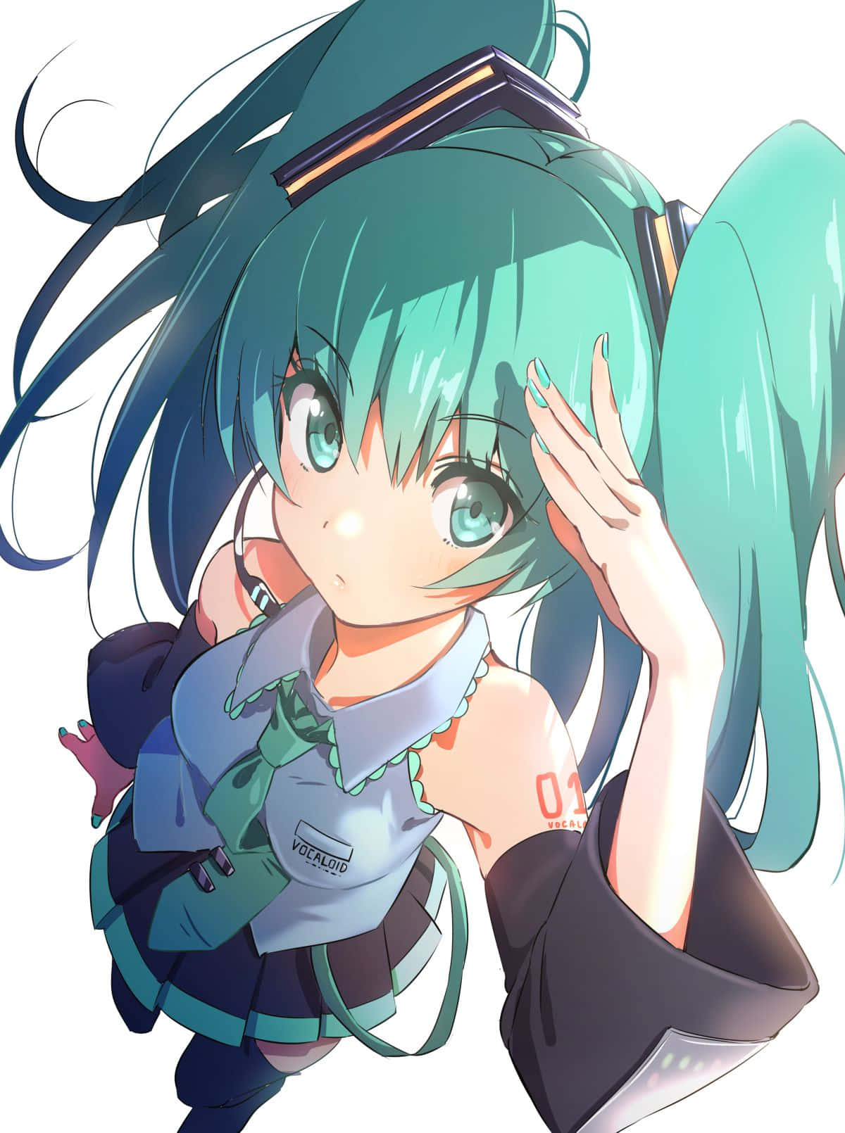 Vocaloid 桌布 壁紙 — 一個開朗的動漫女孩，擁有青綠色的雙馬尾和發光的眼睛，穿著Vocaloid制服害羞地揮手。