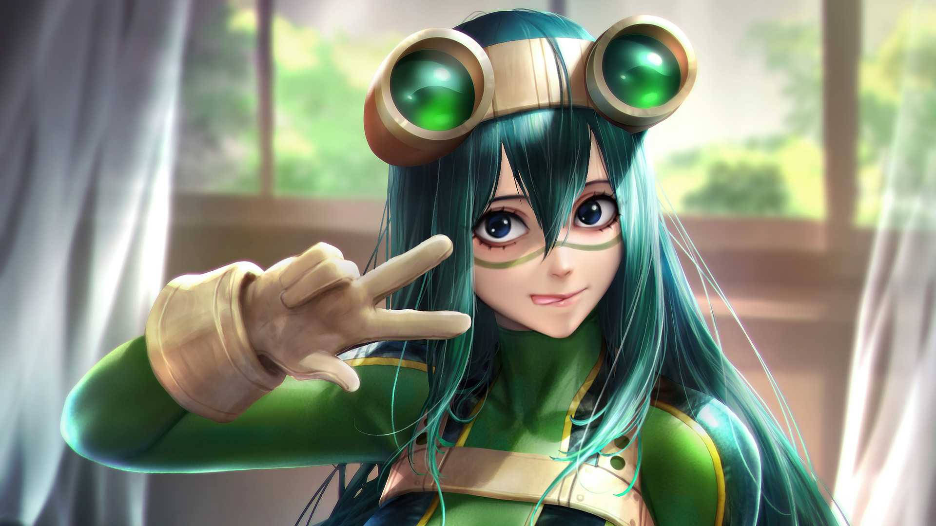 Froppy 桌布 壁紙 — 一個開朗的動漫女孩，擁有青綠色頭髮和發光的綠色護目鏡，在室內比出和平手勢。