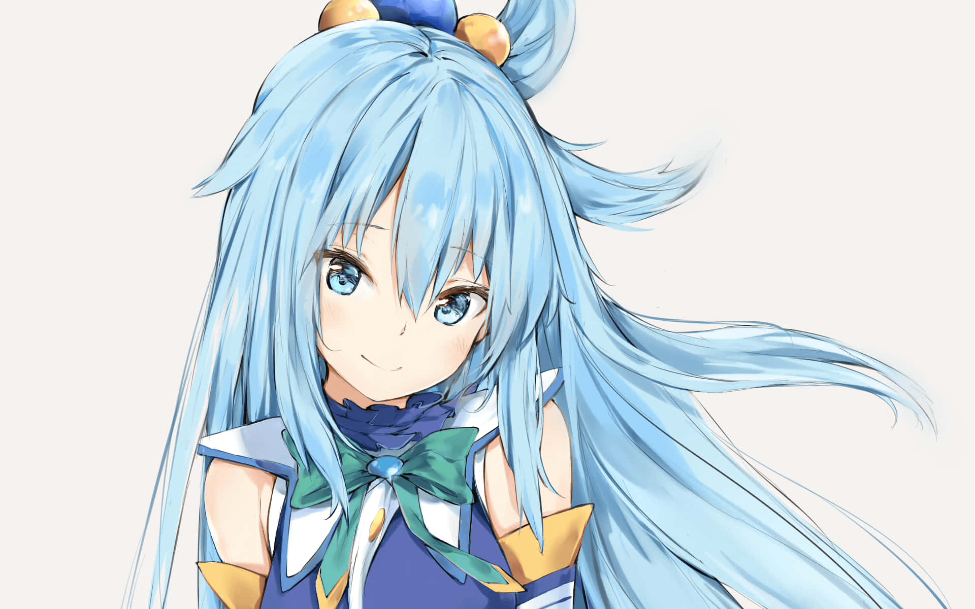 Konosuba 桌布 壁紙 — 一個開朗的動漫女孩，擁有飄逸的淺藍色頭髮和明亮的藍色眼睛，在柔和的米色背景下溫暖地微笑。