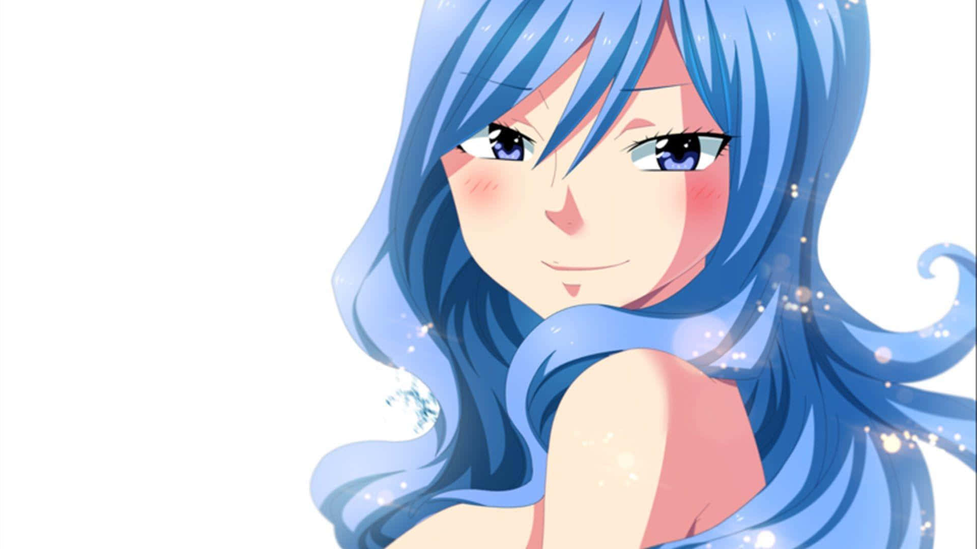 juvia lockser 桌布 壁紙 — 一個開朗的動漫女孩，擁有飄逸的藍色頭髮和閃爍的粒子，在明亮的白色背景上溫柔地微笑。