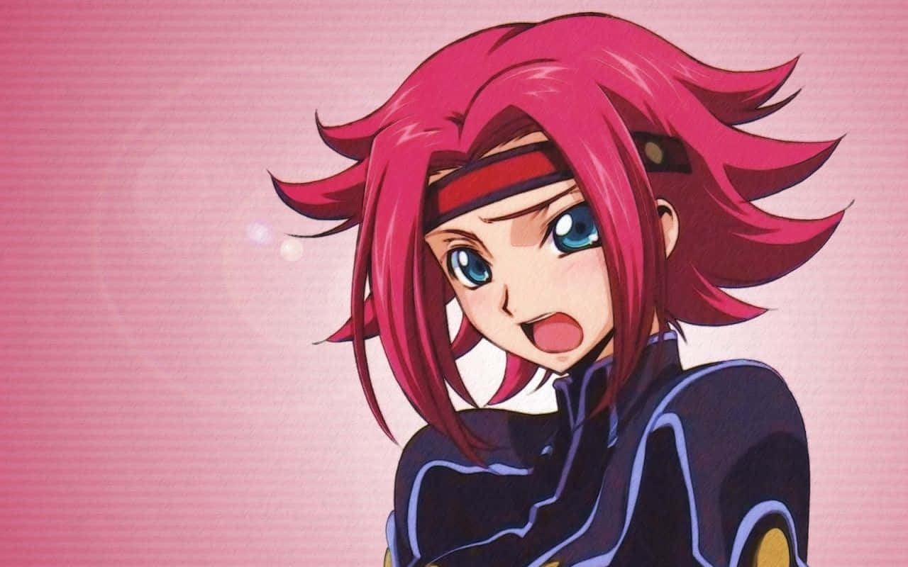 Kallen Stadtfeld 桌布 壁紙 — 一個開朗的動漫女孩，有著尖刺的粉紅色頭髮和藍色眼睛，在柔和的粉紅色背景前燦爛地微笑。