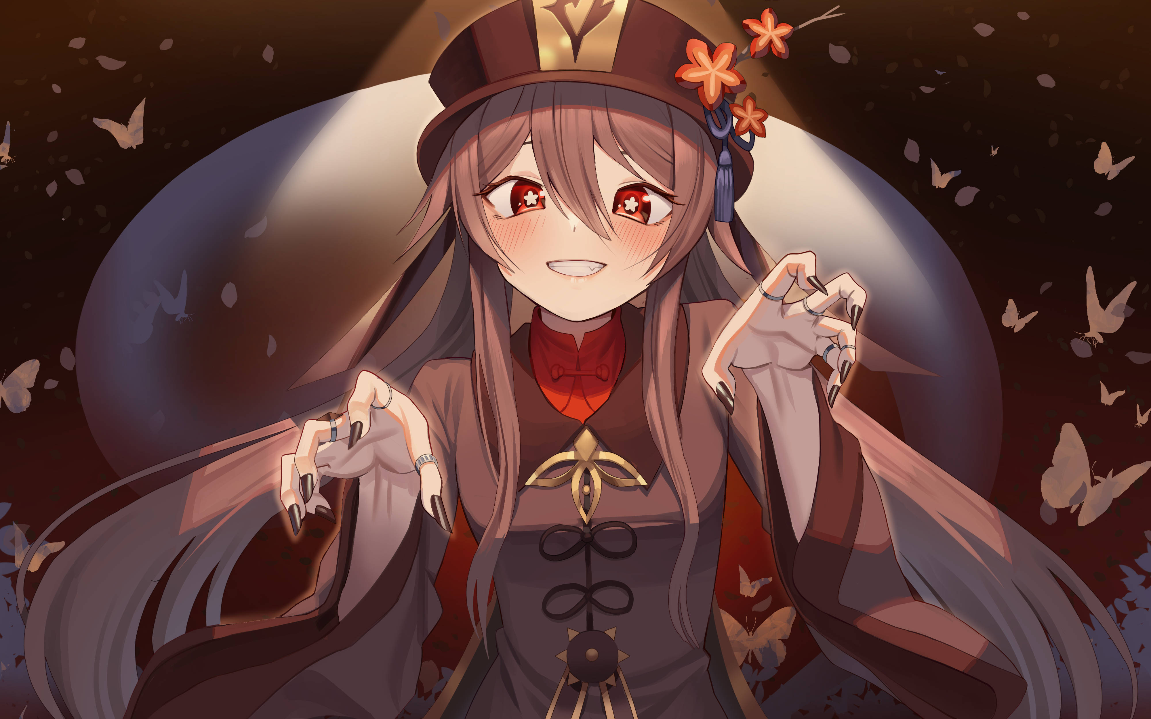 電玩遊戲 桌布 壁紙 — 一個開朗的動漫女孩，有著紅色星形眼睛和長長的棕色頭髮，戴著棕色帽子和外套，蝴蝶在溫暖的光芒中圍繞她飛舞。