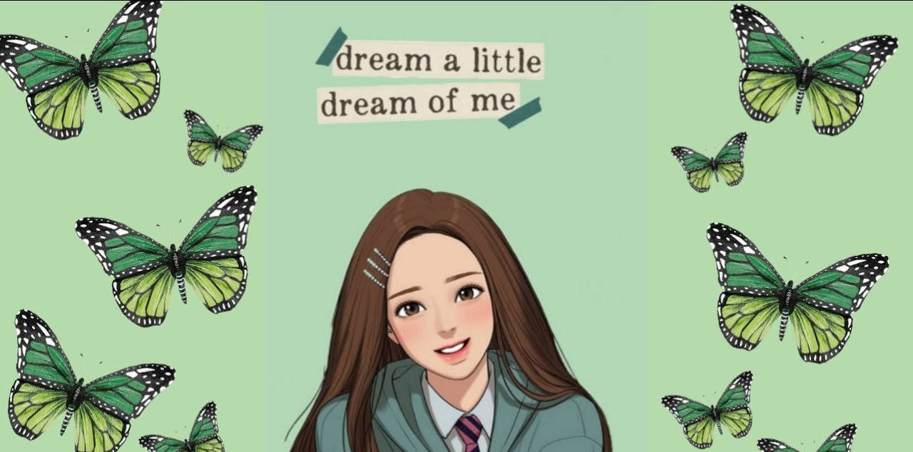 True Beauty 桌布 壁紙 — 一個開朗的動漫女孩，棕色頭髮，在柔和的薄荷色背景上，綠色和黑色的蝴蝶在她周圍翩翩起舞，她溫柔地微笑。