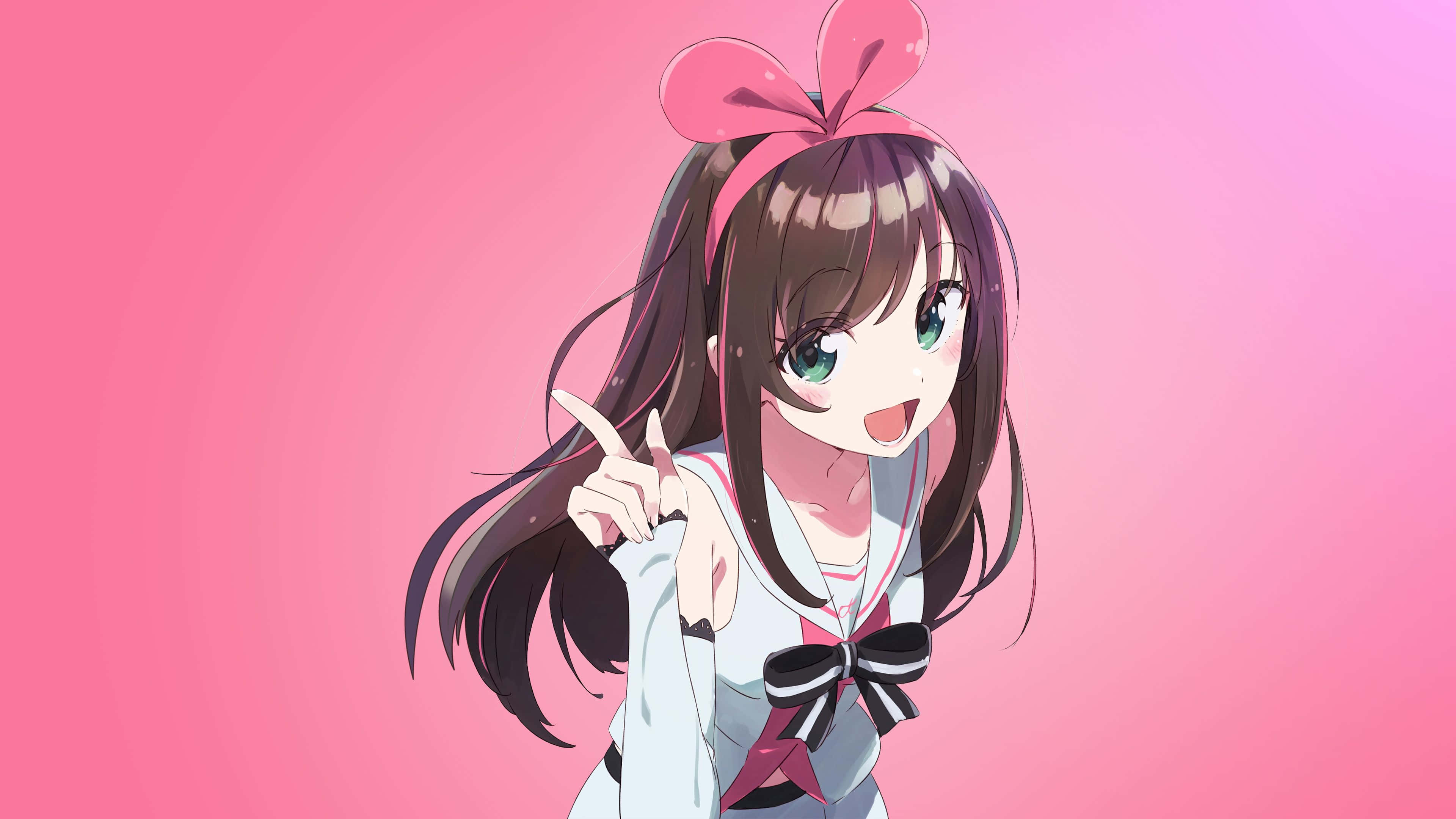 Aesthetic Pink Anime 桌布 壁紙 — 一個開朗的動漫女孩，棕色頭髮，戴著粉紅色蝴蝶結，在純粉紅色背景上燦爛微笑。