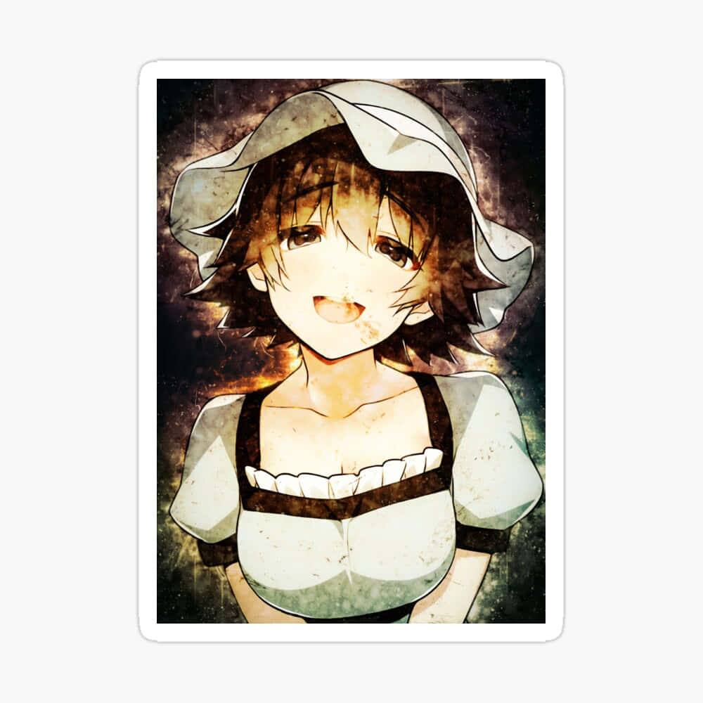 Mayuri Shiina 桌布 壁紙 — 一個開朗的動漫女孩，棕色頭髮，戴著白色帽子，在星空宇宙背景下溫暖地微笑。