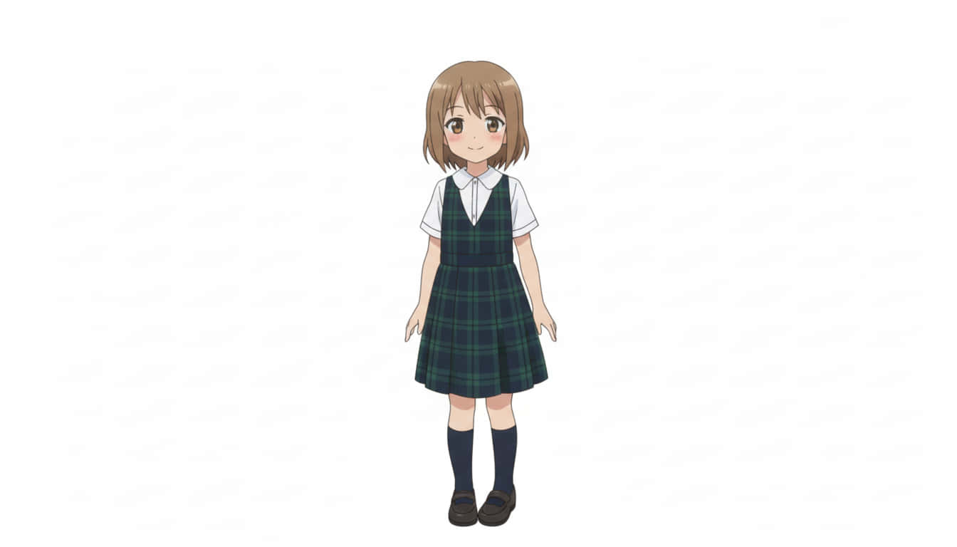 student 桌布 壁紙 — 一個開朗的動漫女孩，棕色頭髮，穿著綠色格子校服裙，內搭白襯衫和黑色襪子，背景是純白色。