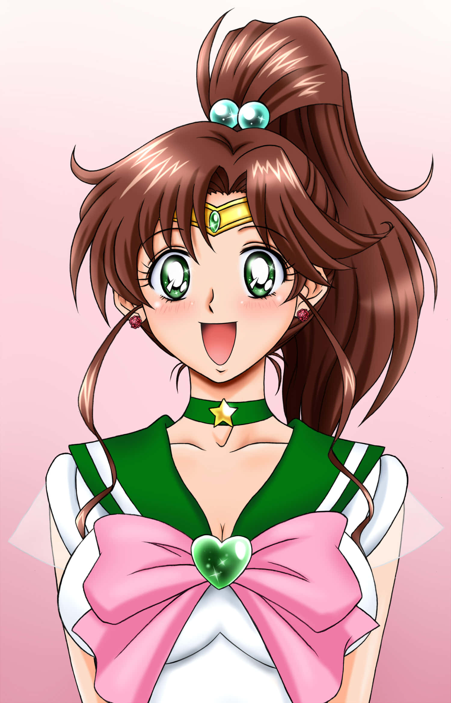 sailor jupiter 桌布 壁紙 — 一個開朗的動漫女孩，棕色頭髮，綠色眼睛，穿著綠色和白色的水手服，配有一個大粉紅色蝴蝶結。