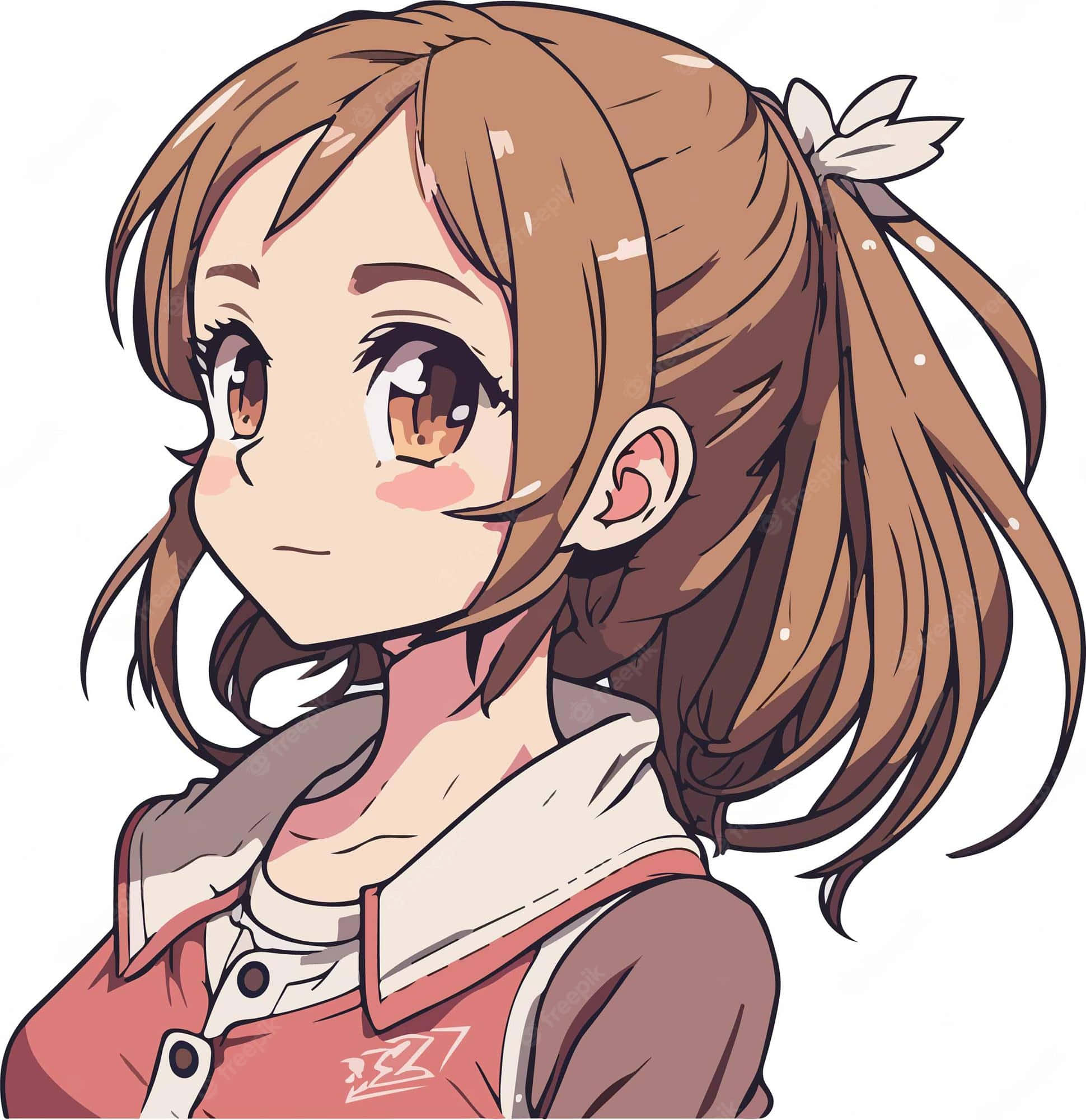 動漫女孩 桌布 壁紙 — 一個開朗的動漫女孩，棕色頭髮紮成馬尾，戴著白色蝴蝶結，穿著粉白相間的襯衫，溫柔地微笑。