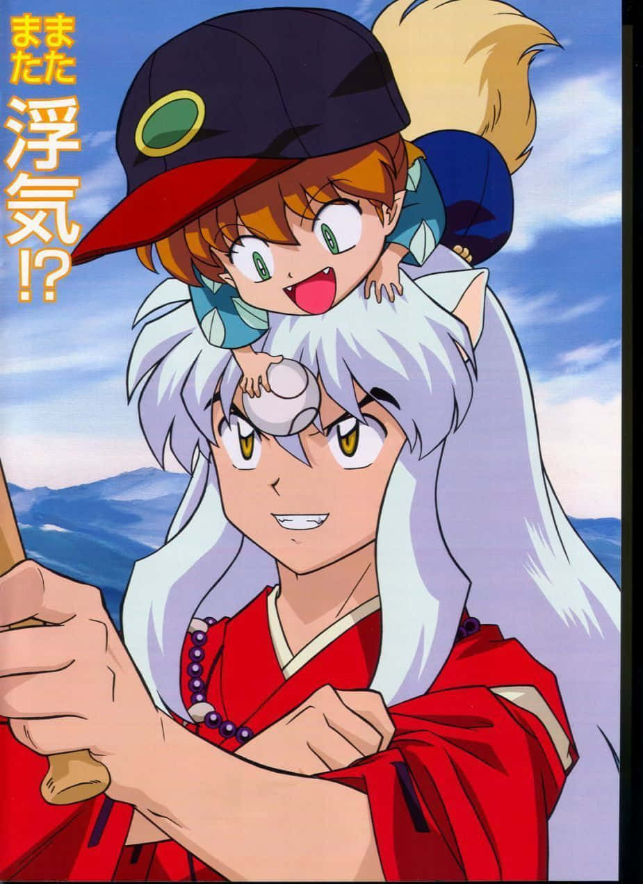 Inuyasha And Shippo 桌布 壁紙 — 一個開朗的動漫女孩，橙色頭髮，戴紅色帽子，坐在一個銀髮、穿紅色和服的男孩身上，背景是藍天和遠山。