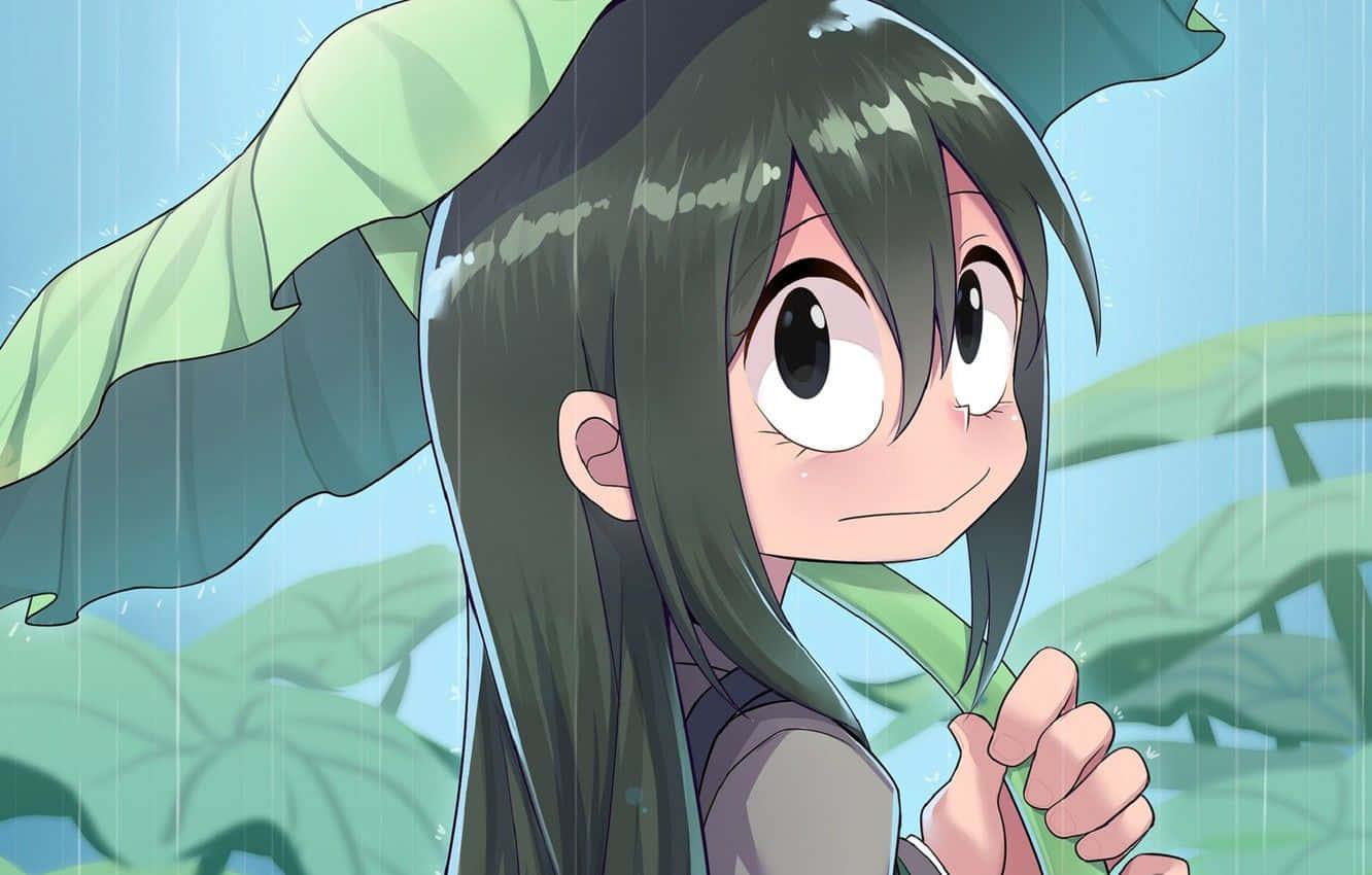 Froppy 桌布 壁紙 — 一個開朗的動漫女孩，深色頭髮，在一把綠色大葉傘下微笑，周圍下著雨。