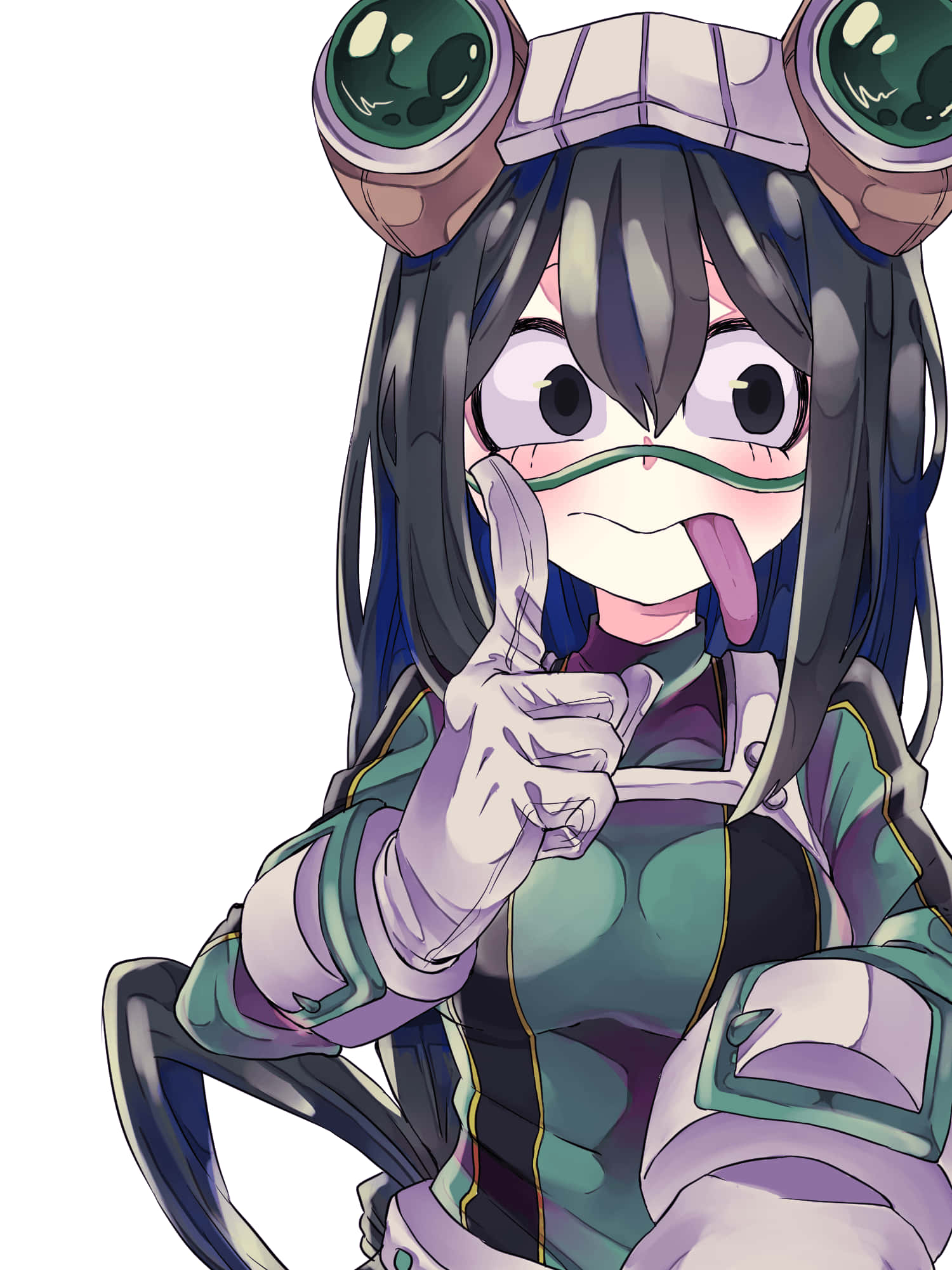 my hero academia 4K 桌布 壁紙 — 一個開朗的動漫女孩，深色頭髮，戴著護目鏡，伸出舌頭，穿著鮮豔的綠色和紫色服裝，豎起大拇指。