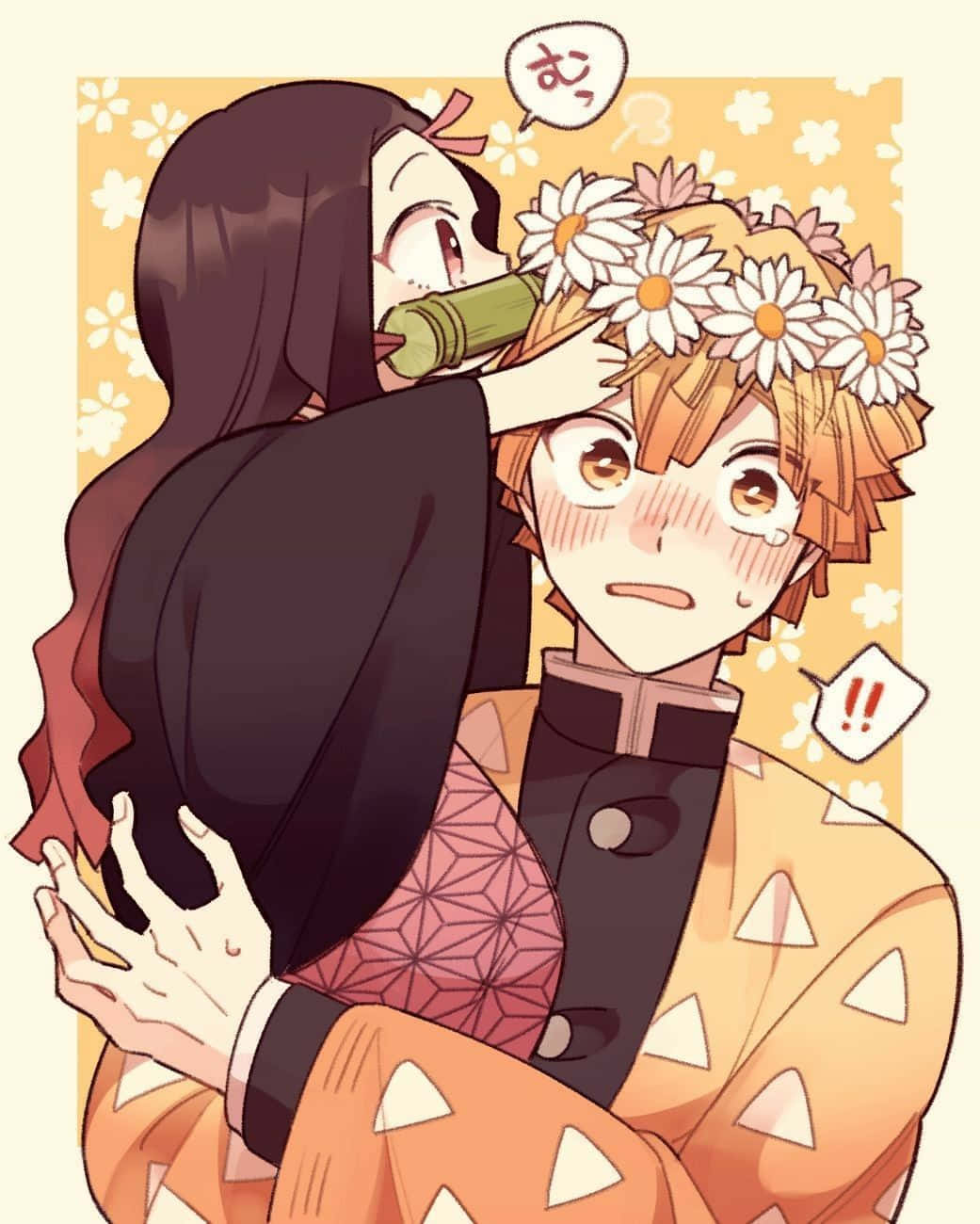 Kimetsu No Yaiba 桌布 壁紙 — 一個開朗的動漫女孩，深色頭髮，擁抱著一個戴著雛菊花環的驚訝男孩，同時用竹筒喝水。