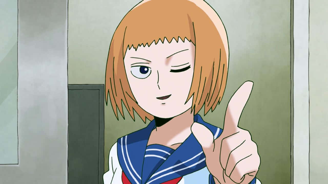 Ichi Mezato 桌布 壁紙 — 一個開朗的動漫女孩，留著橙色短髮，穿著藍色水手服，眨眼並豎起大拇指。