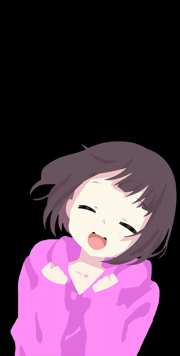 動漫女孩 桌布 壁紙 — 一個開朗的動漫女孩，留著短棕髮，穿著粉紅色連帽衫，在黑色背景前開懷大笑。