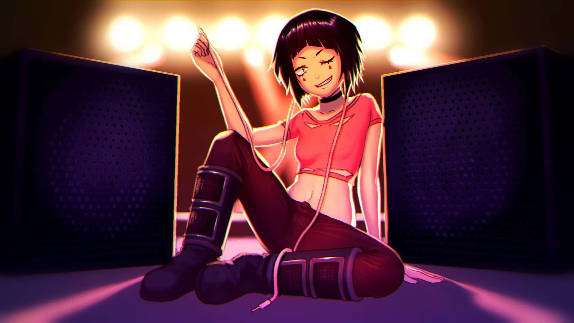Kyoka Jiro 桌布 壁紙 — 一個開朗的動漫女孩，短黑髮，坐在發光的揚聲器之間，戴著耳機微笑聽音樂。