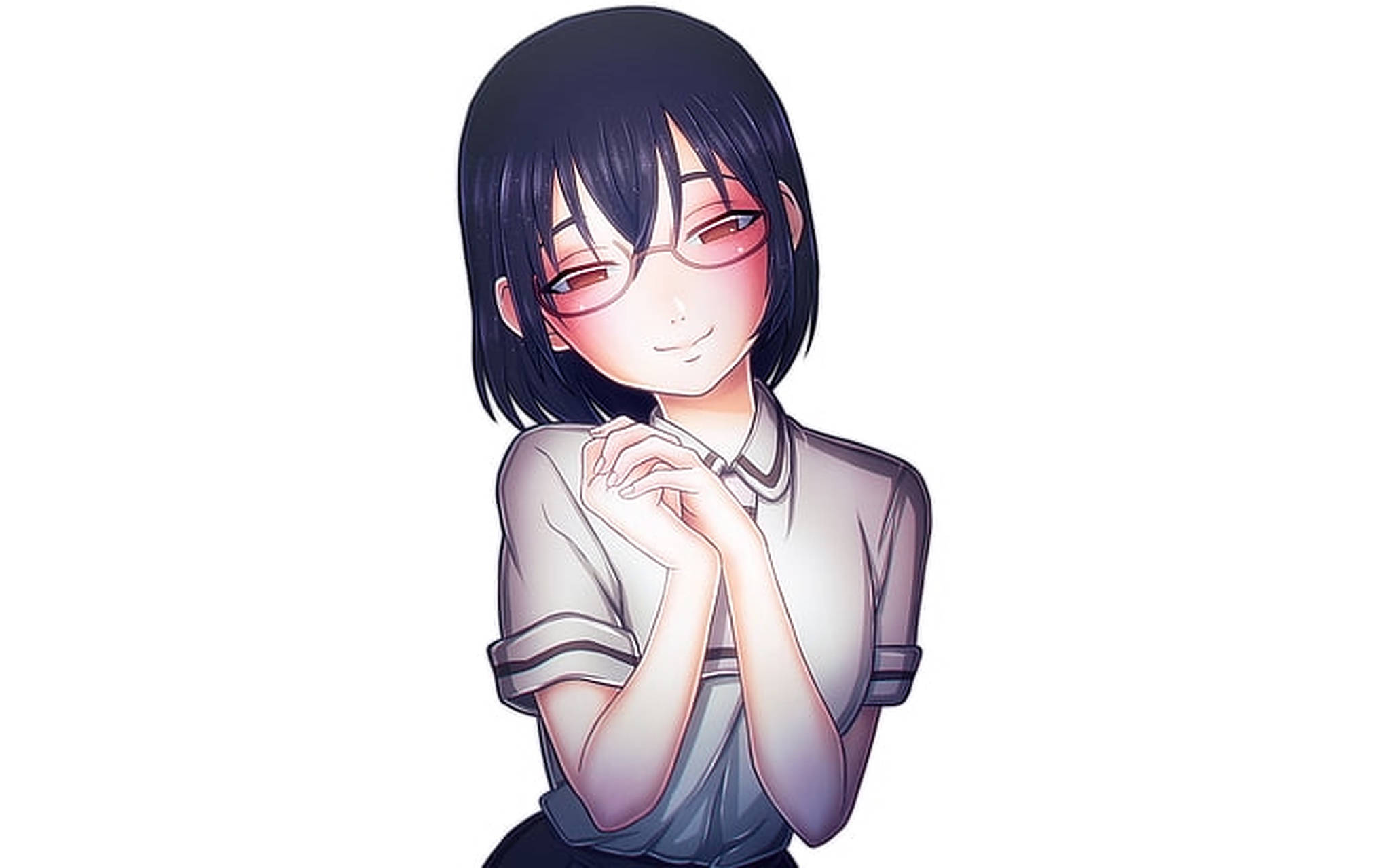 asobi asobase 桌布 壁紙 — 一個開朗的動漫女孩，短黑髮戴眼鏡，穿著校服，雙手合十微笑。