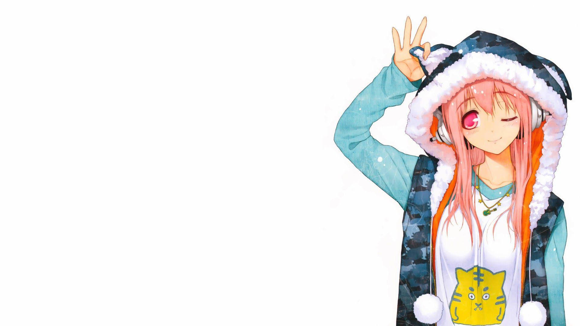 Kawaii Anime 桌布 壁紙 — 一個開朗的動漫女孩，粉紅色頭髮，穿著貓耳連帽衫，在雪白背景前比出和平手勢。