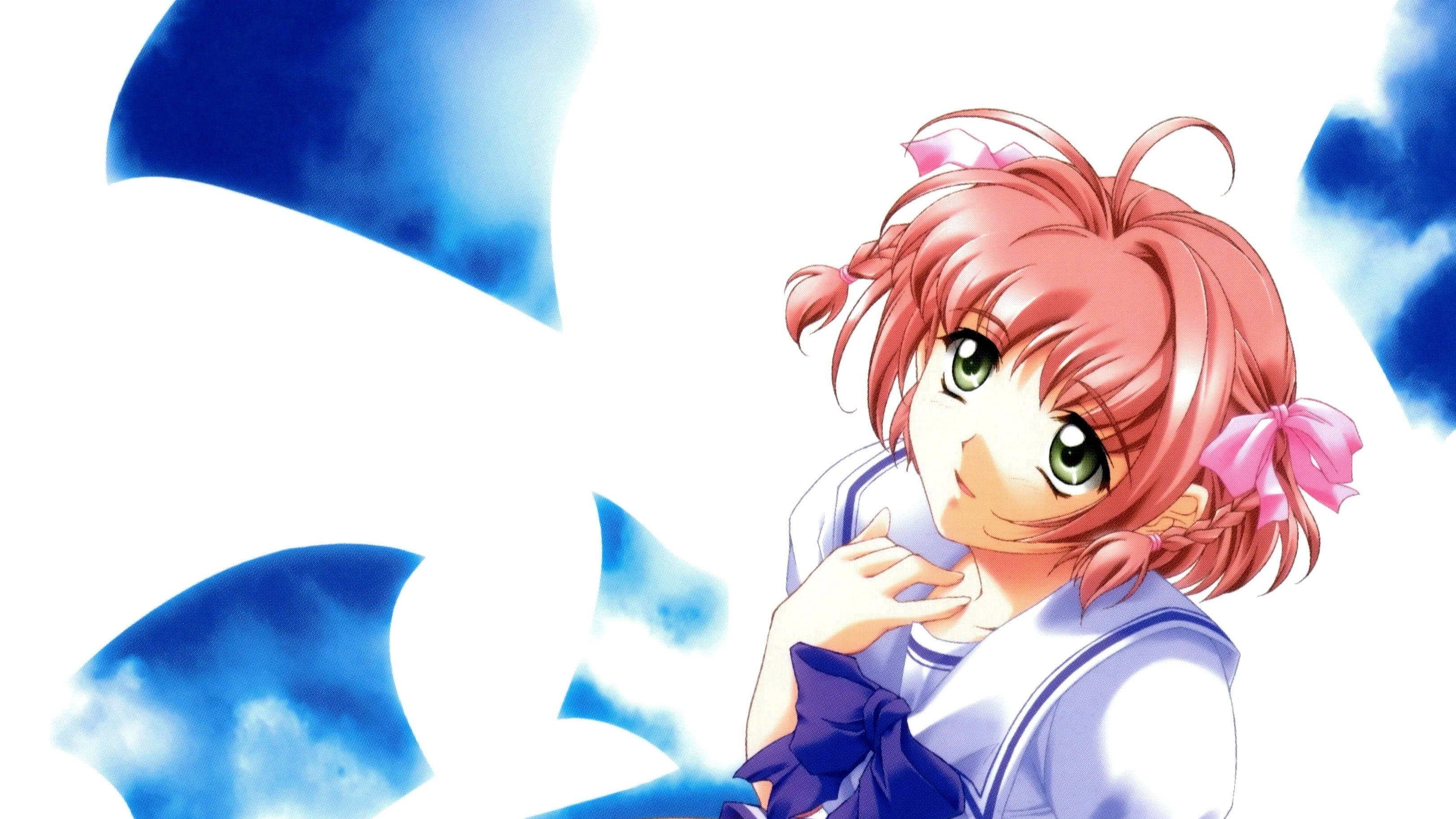 kimi ga nozomu eien 桌布 壁紙 — 一個開朗的動漫女孩，粉紅色頭髮和綠色眼睛，在明亮的藍白天空背景下溫柔地微笑。